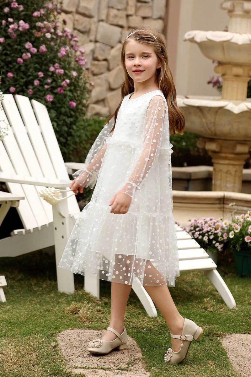 A-Line Midi Dot Print Flower Girl Dress CF0380 - COCOMELODY