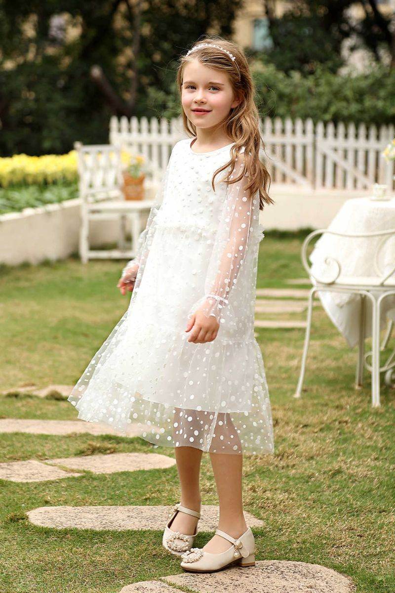 A-Line Midi Dot Print Flower Girl Dress CF0380 - COCOMELODY