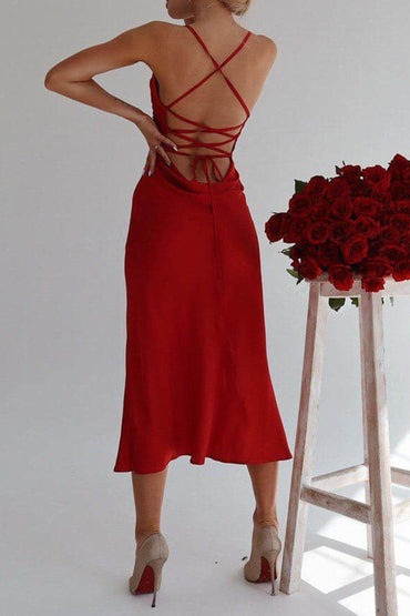 Sheath-Column Tea Length Elastic Satin Dress CG0144 - COCOMELODY