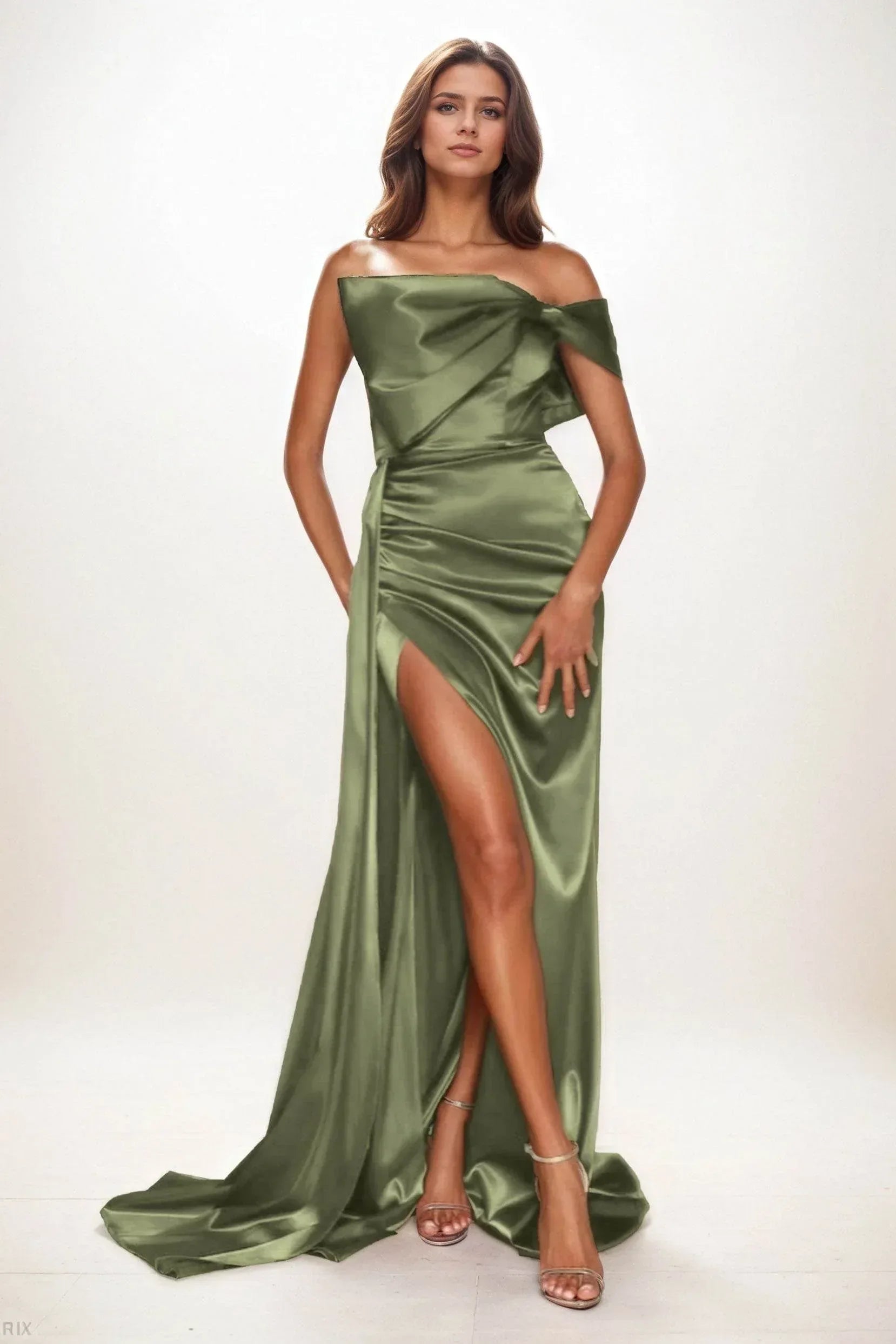 Trumpet-Mermaid Sweep-Brush Train Luxe Satin Wedding Guest Dress COCOMELODY CG0293, Olive Green Trumpet-Mermaid Sweep-Brush Train Luxe Satin Wedding Guest Dress COCOMELODY CG0293, Olive Green