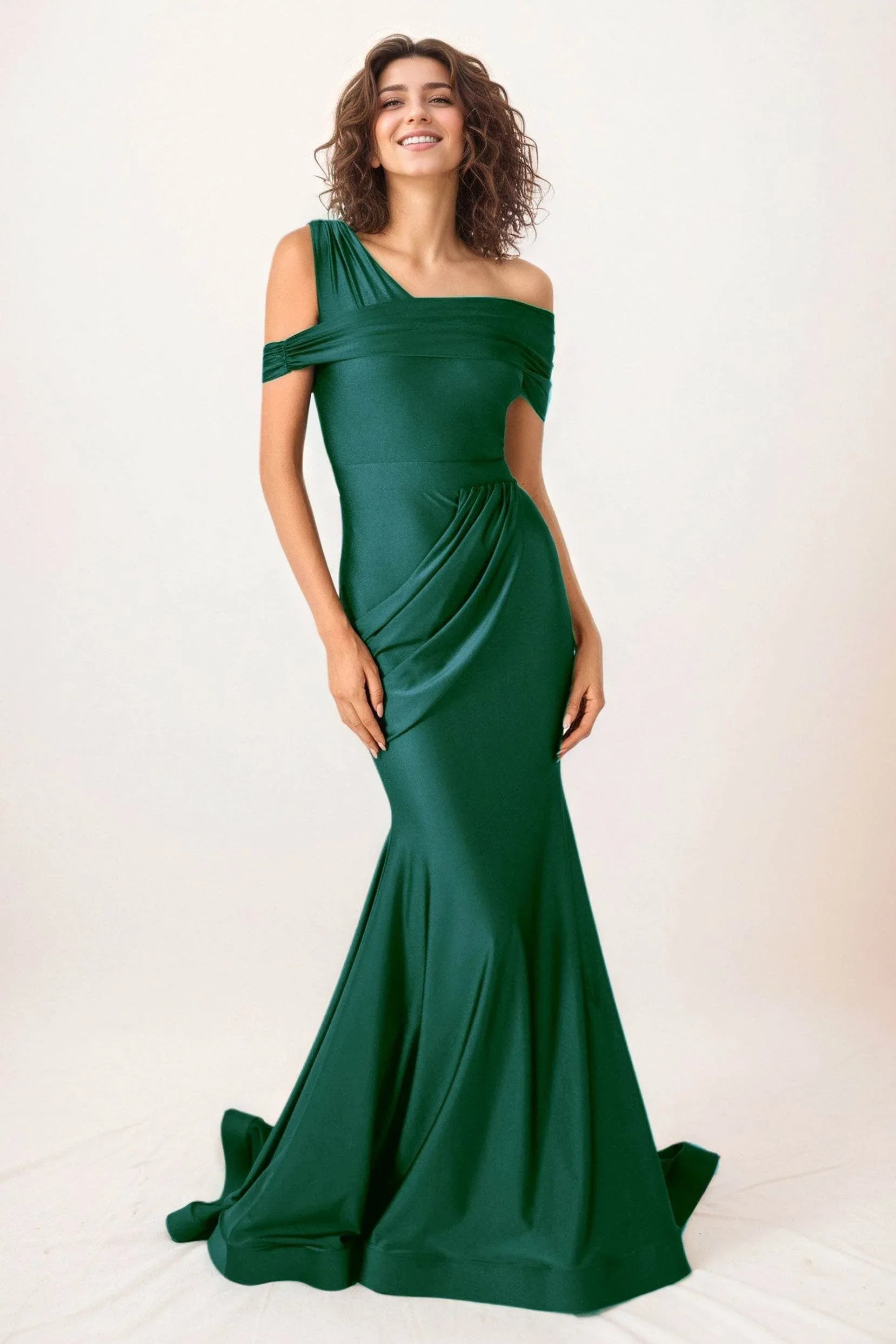 Trumpet-Mermaid Sweep-Brush Train Stretch Satin Wedding Guest Dress COCOMELODY CG0297