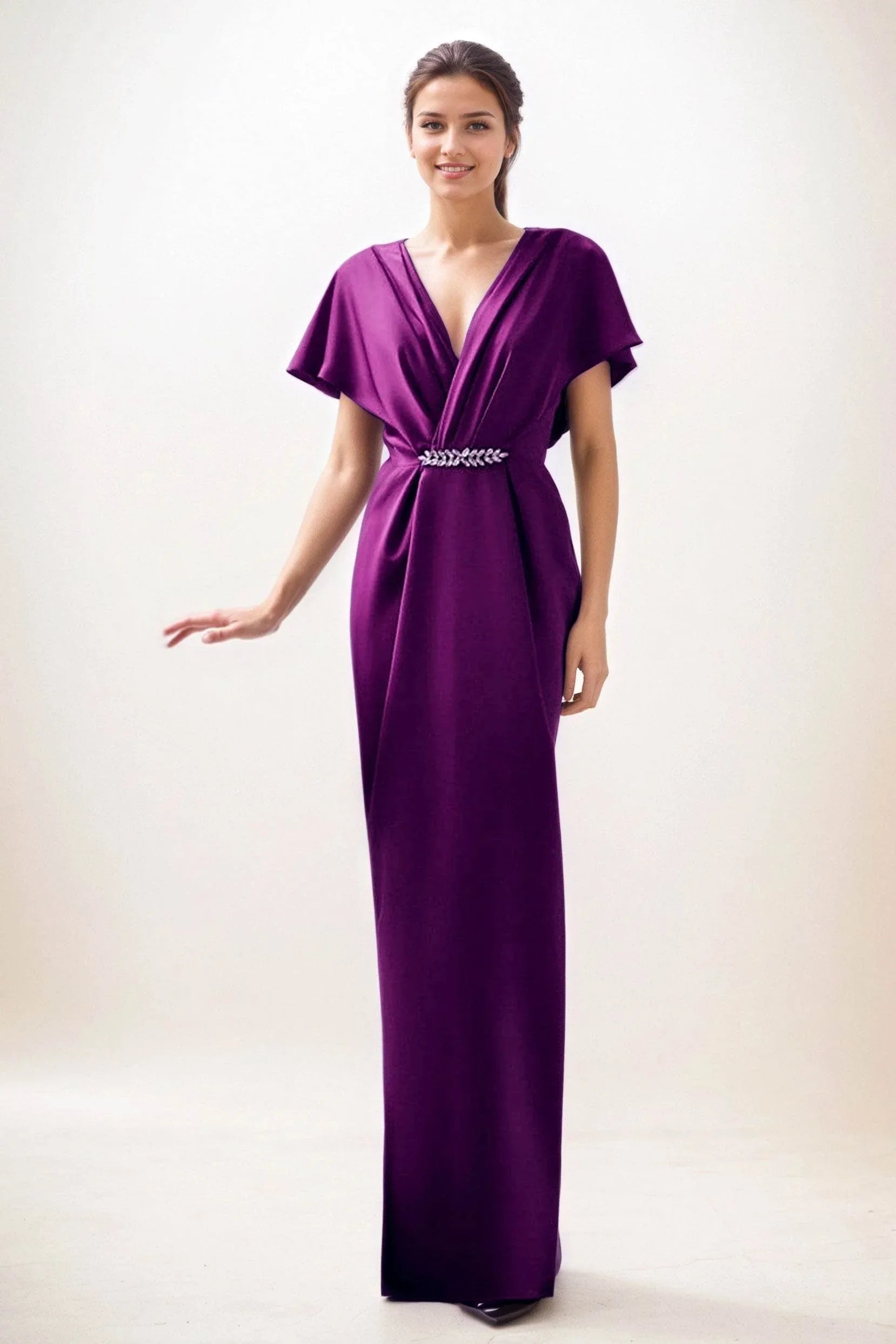 dark purple wedding guest dress V-Neck Sheath Maxi Luxe Satin Pleated Wedding Guest Dress Puff Sleeves Formal Gown COCOMELODY CG0299, Dusty Rose