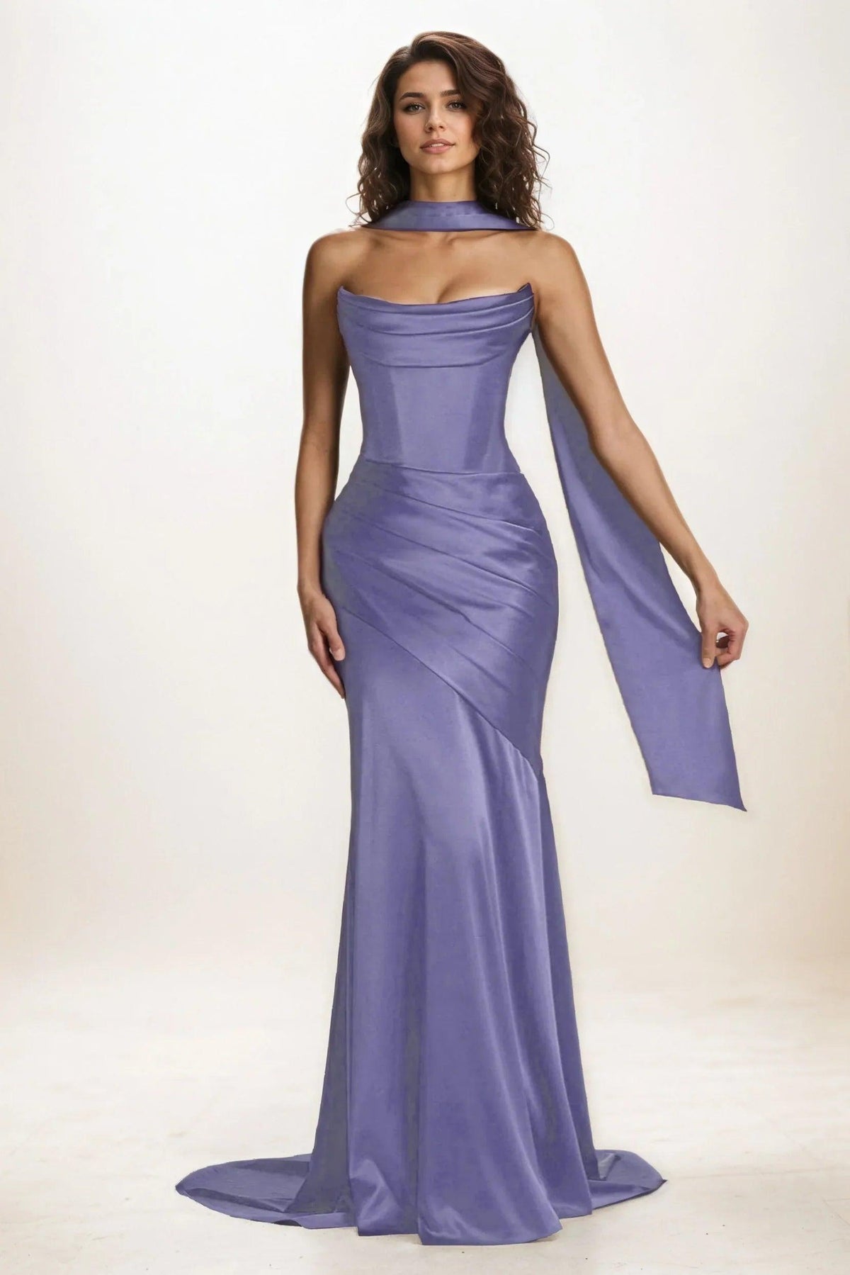 Trumpet-Mermaid Sweep-Brush Train Luxe Satin Wedding Guest Dress CG0301 - Wisteria Purple - COCOMELODY