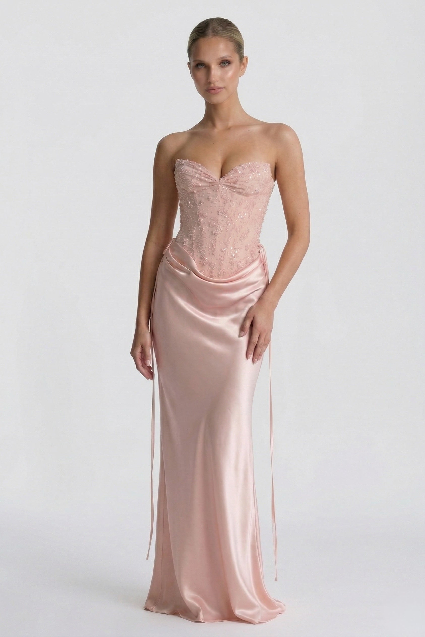 Sweetheart Sheath Floor Length Acetate Satin Wedding Guest Dress Ruched  Formal Gown COCOMELODY CG0308