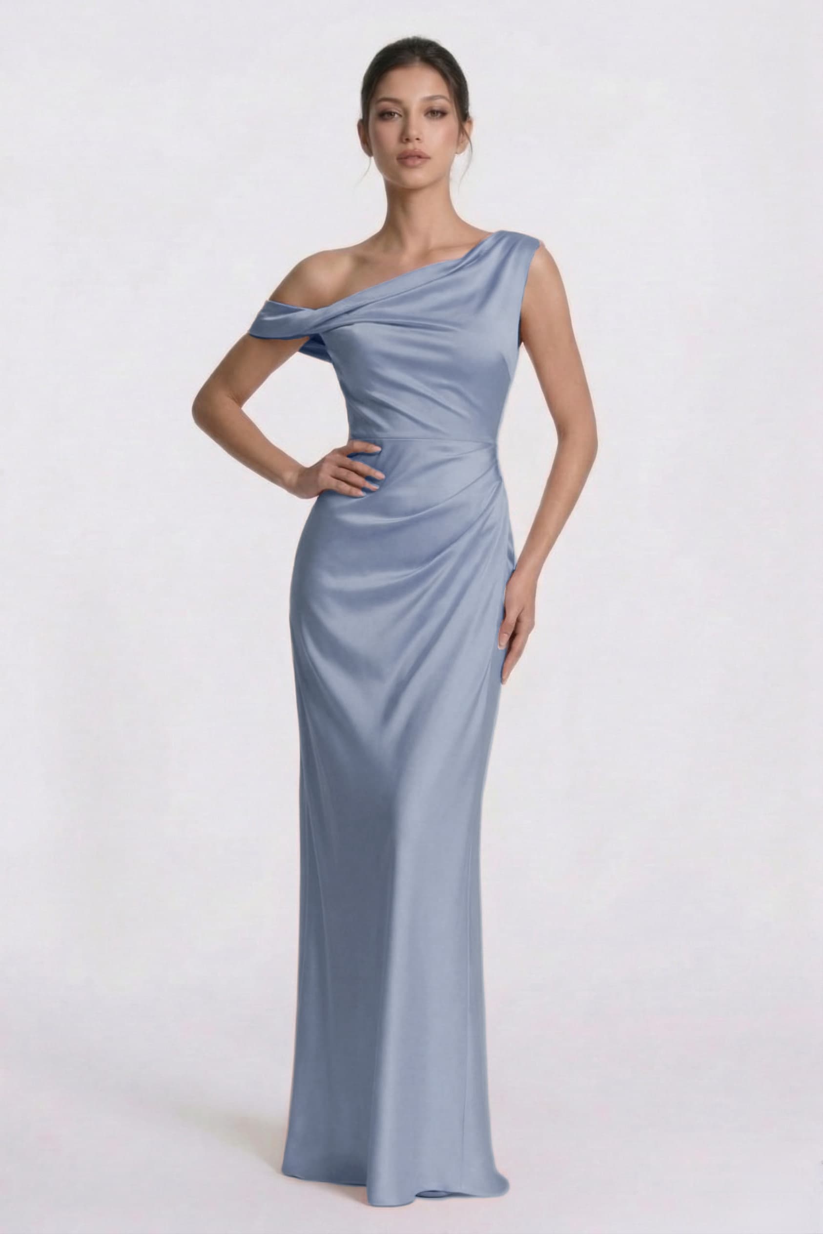 Sheath Floor Length Satin Bridesmaid Dress Pleated Asymmetrical Neck Formal Gown COCOMELODY CG0309BM Sheath Floor Length Satin Bridesmaid Dress Pleated Asymmetrical Neck Formal Gown COCOMELODY CG0309BM
