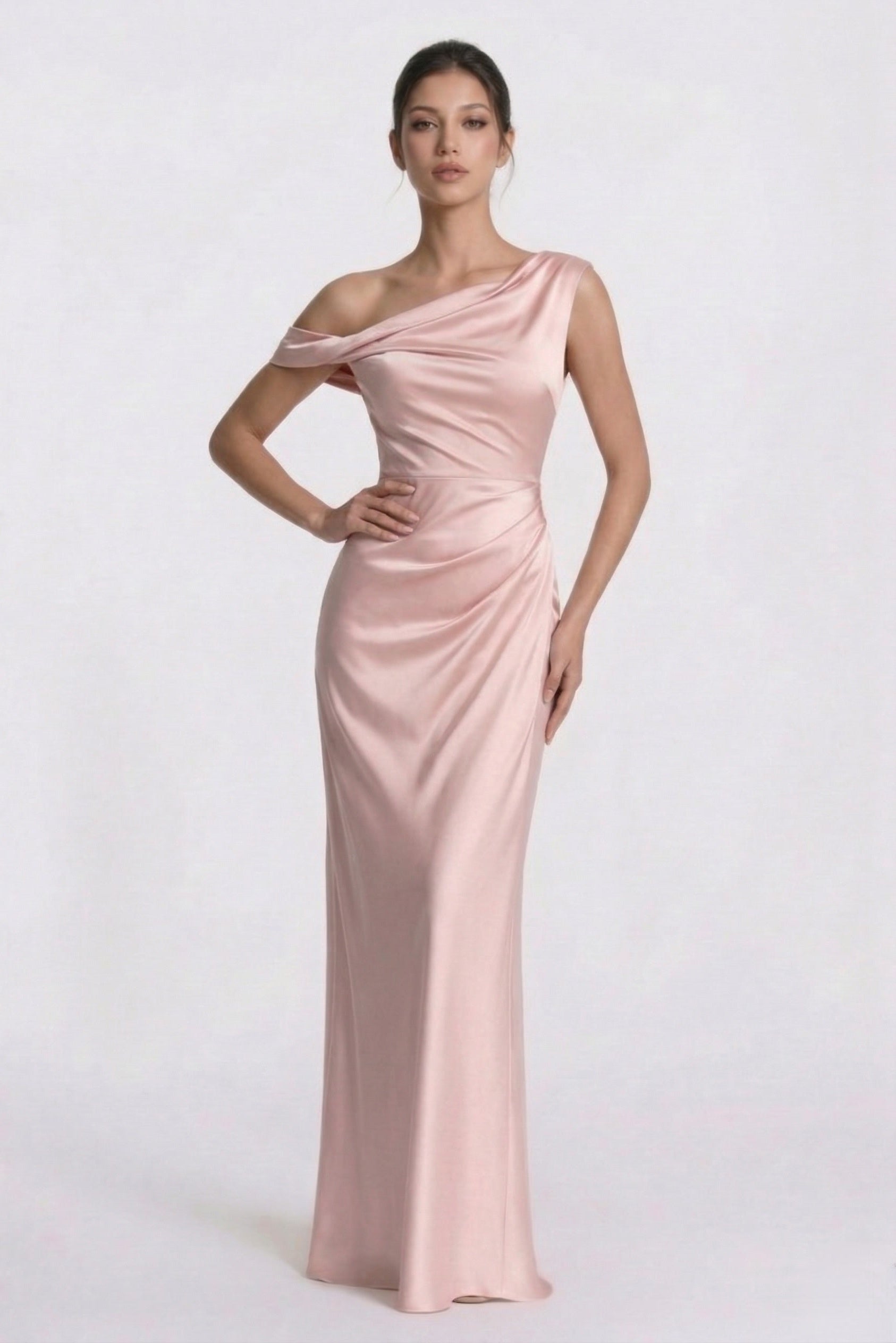 Asymmetrical Sheath Floor Length Acetate Satin Wedding Guest Dress Ruched Formal Gown COCOMELODY CG0309, Purple dusk