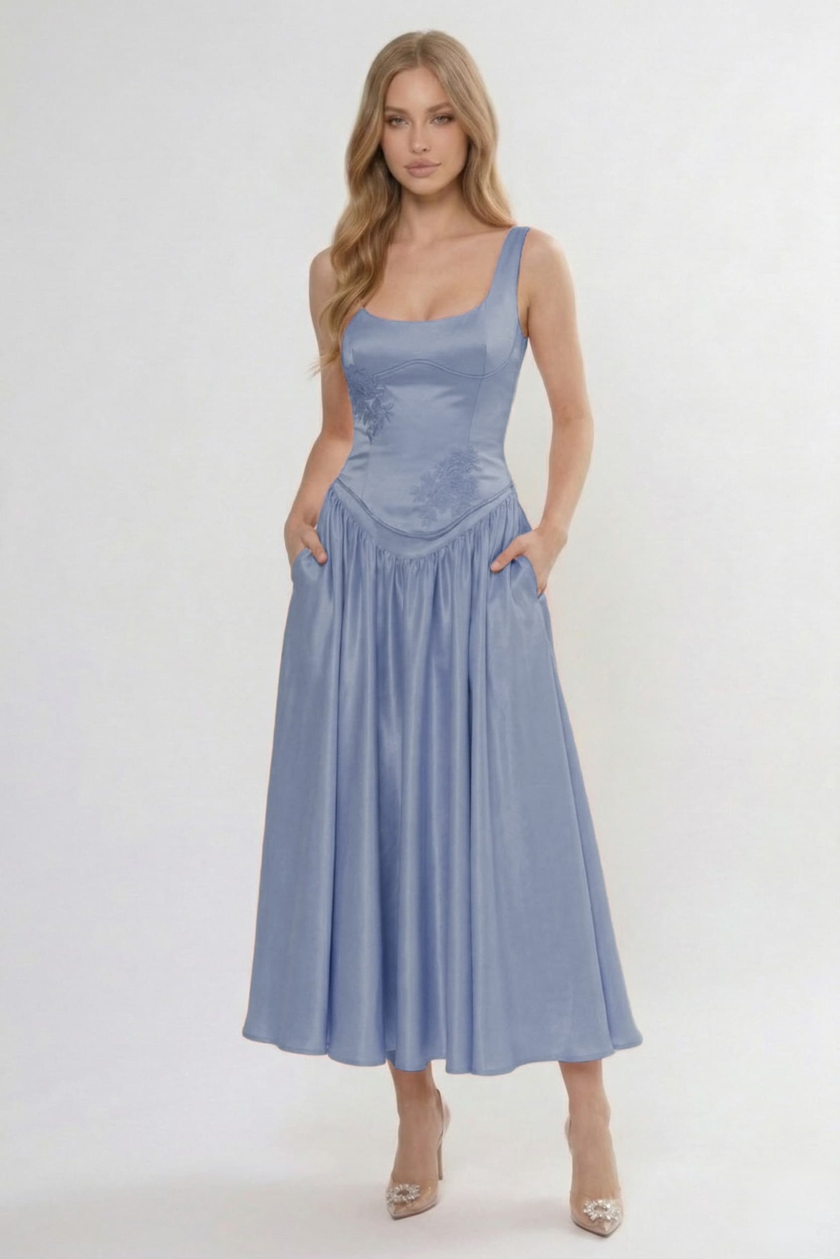 A-Line Ankle Length Satin Wedding Guest Dress COCOMELODY CG0315, Eucalyptus A-Line Ankle Length Satin Wedding Guest Dress COCOMELODY CG0315, Eucalyptus