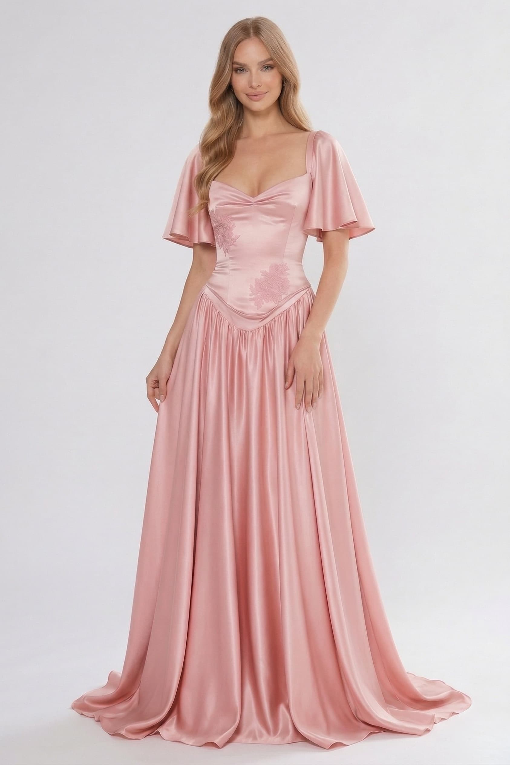 A-Line/Two-Piece Satin Wedding Guest Dress Sweetheart Bell Sleeve Pleated Formal Gown COCOMELODY CG0316, Silver Sage