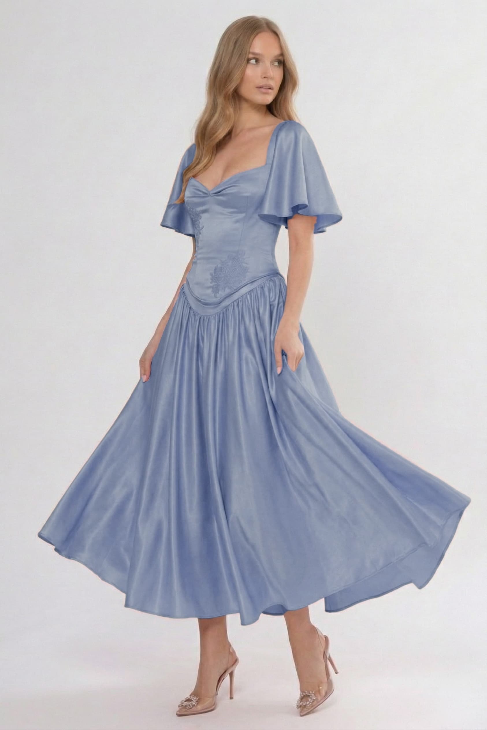 A-Line Ankle Length Soft Satin Bridesmaid Dress Bell Sleeve Pleated Semi-Formal Dress COCOMELODY CG0317BM A-Line Ankle Length Soft Satin Bridesmaid Dress Bell Sleeve Pleated Semi-Formal Dress COCOMELODY CG0317BM
