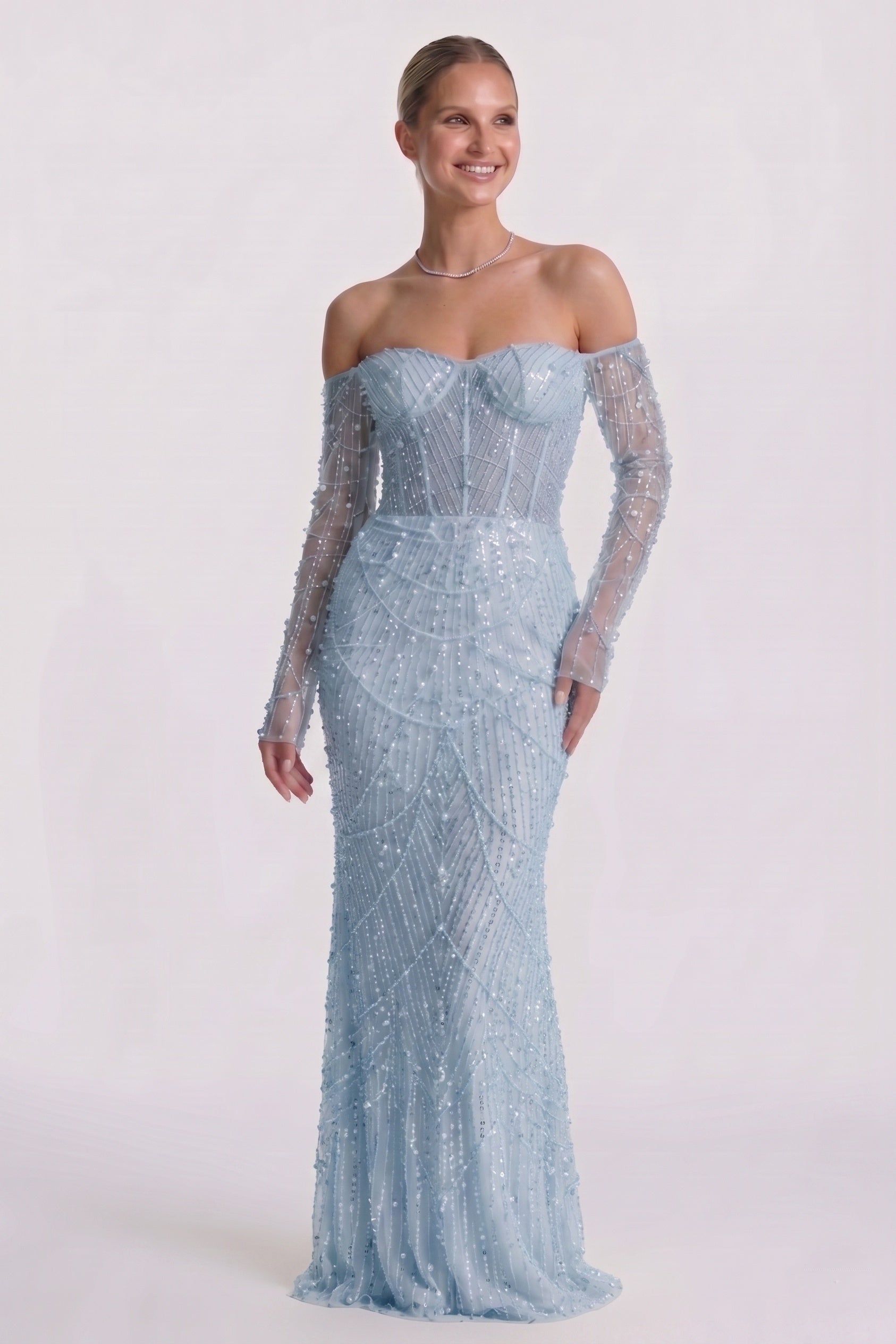 Mermaid Maxi Lace Beaded Wedding Guest Dress Off the Shoulder Formal Gown  COCOMELODY CG0323