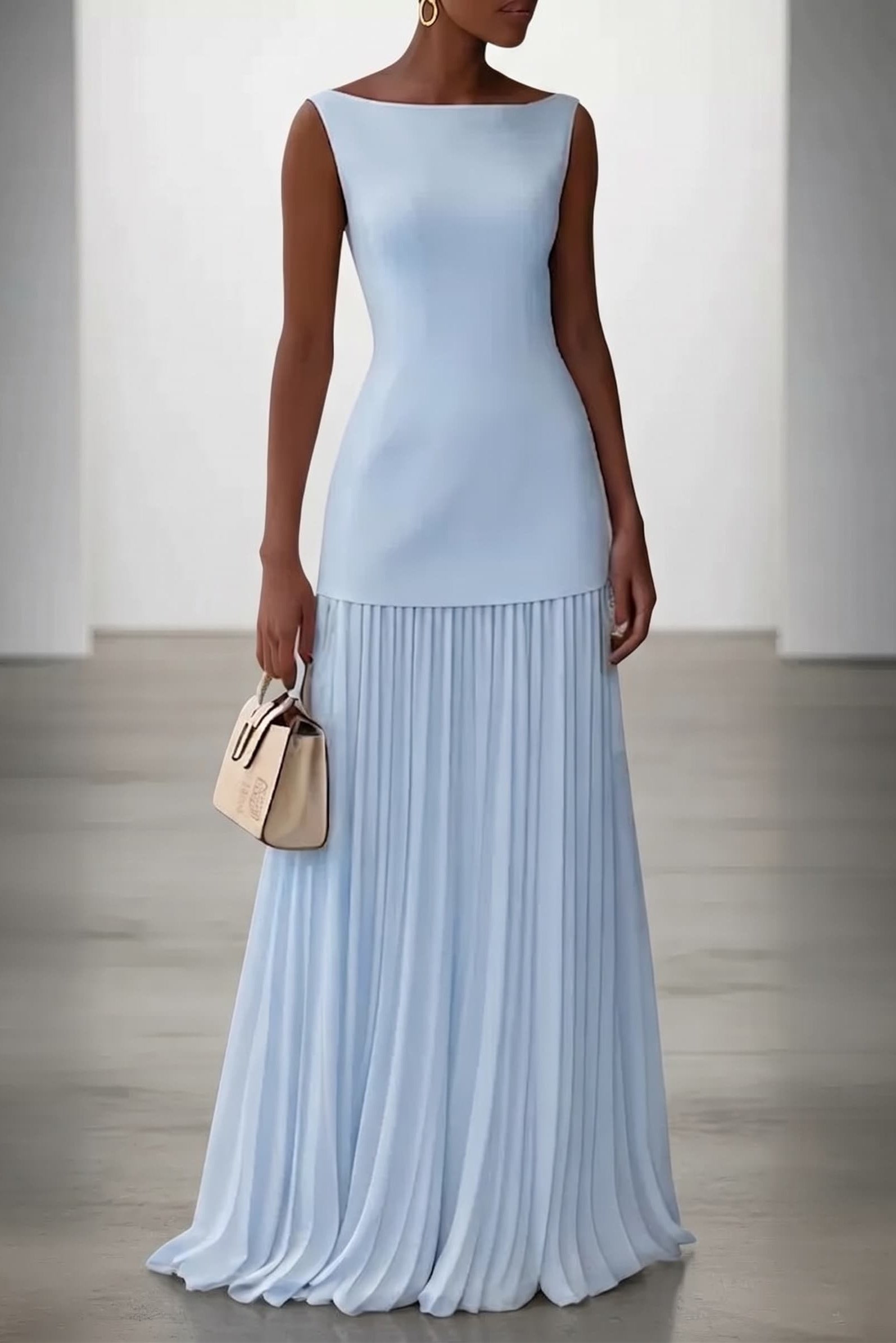 Light Blue Bateau Maxi Wedding Guest Dress Pleated Chiffon Formal Gown COCOMELODY CG0328, Soft Blush