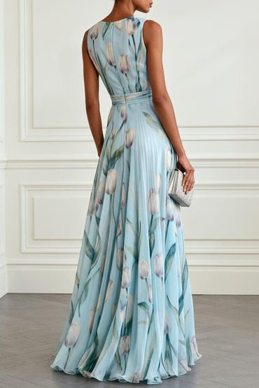 A-Line Maxi Printed Chiffon Wedding Guest Dress CG0330 - Blue - COCOMELODY