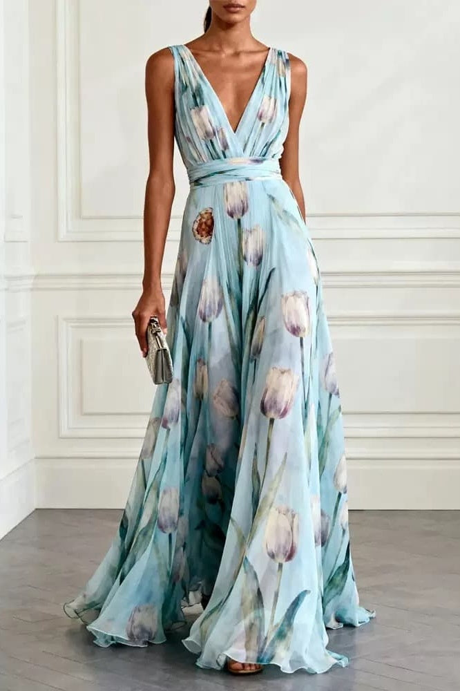 Blue Floral Printed Chiffon Wedding Guest Dress V-Neck A-Line Maxi Gown COCOMELODY CG0330, Purple