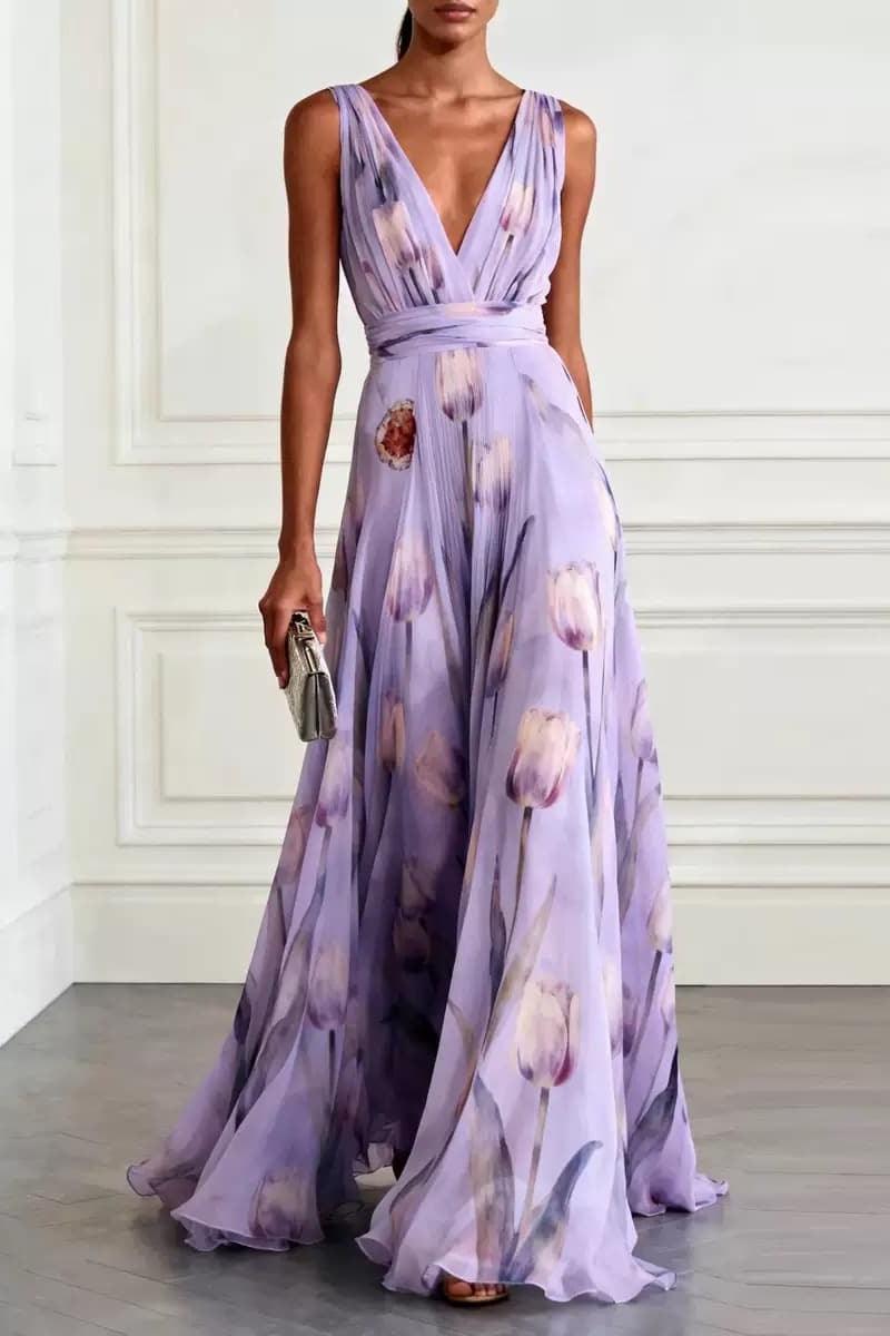 A-Line Maxi Printed Chiffon Wedding Guest Dress CG0330 - Purple - COCOMELODY