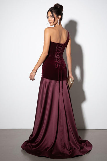 Trumpet-Mermaid Sweep-Brush Train Velvet Satin Wedding Guest Dress CG0332 - Plum - COCOMELODY