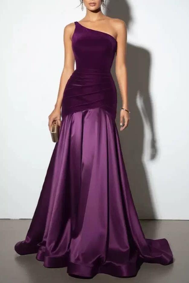 Trumpet-Mermaid Sweep-Brush Train Velvet Satin Wedding Guest Dress CG0332 - Purple - COCOMELODY