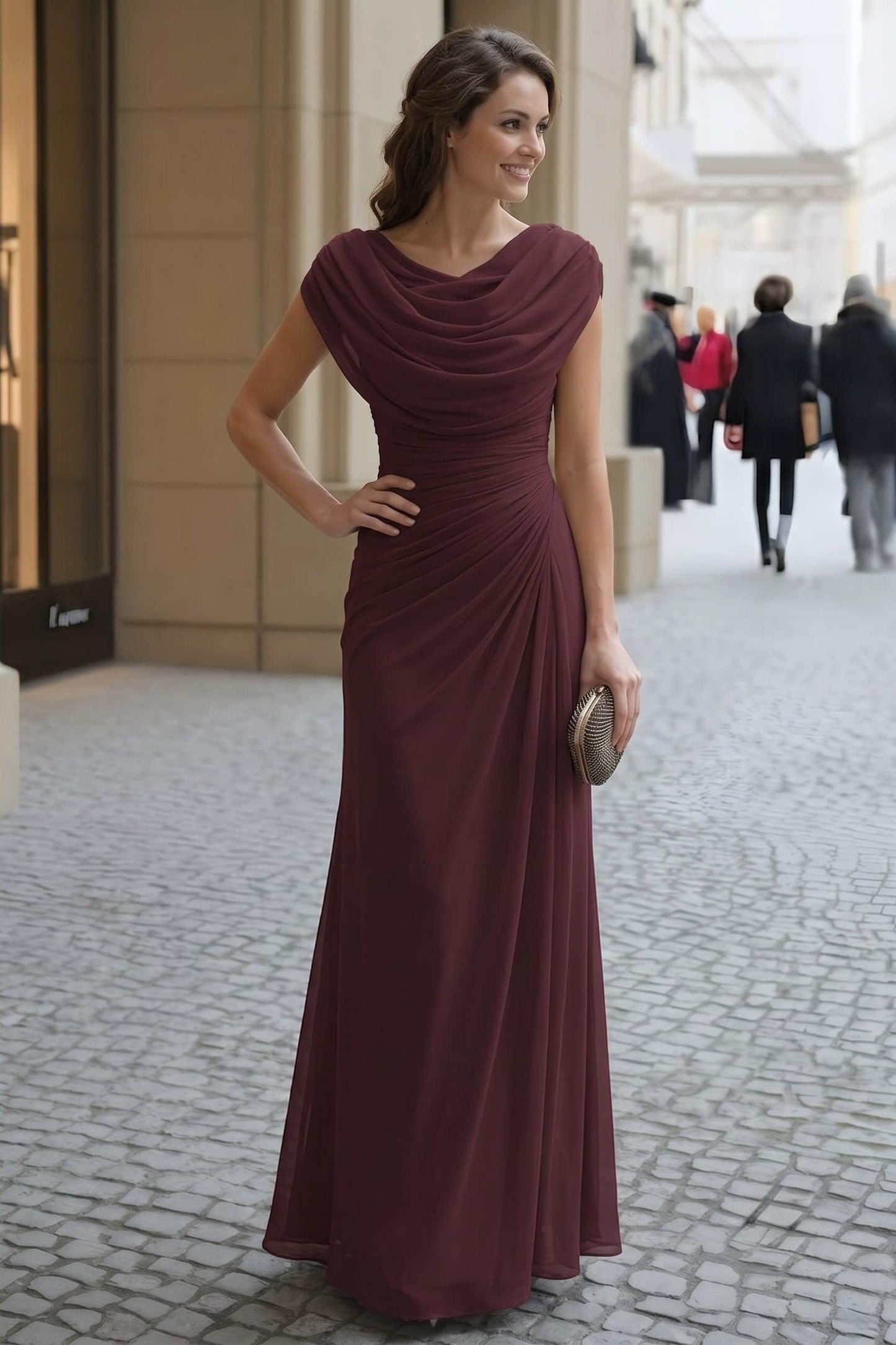 Sheath-Column Maxi Chiffon Wedding Guest Dress CG0334 - Mulberry - COCOMELODY