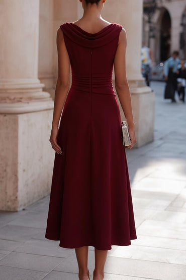 A-Line Tea Length Elastic Cloth Wedding Guest Dress CG0335 - Wine - COCOMELODY