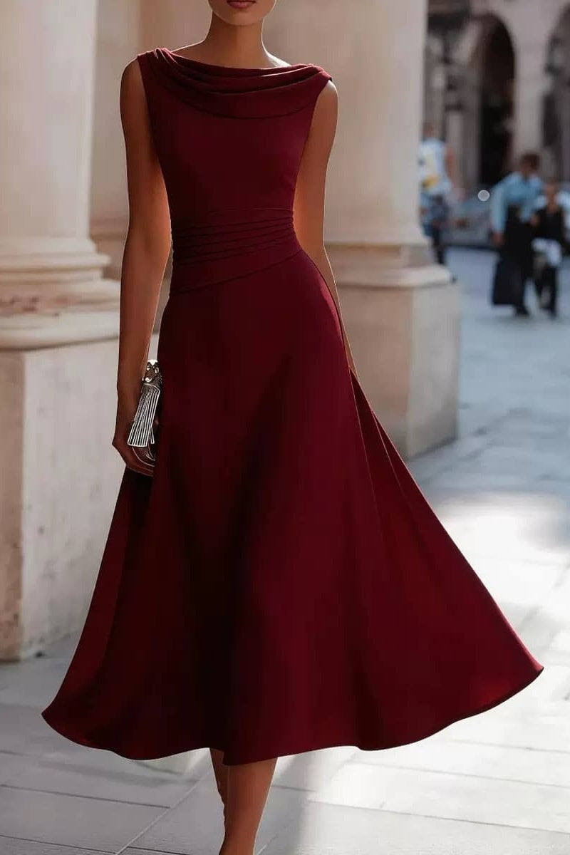 Wine A-Line Tea Length Wedding Guest Dress Bateau Neck Stretch Formal Gown COCOMELODY CG0335, Dusty Rose