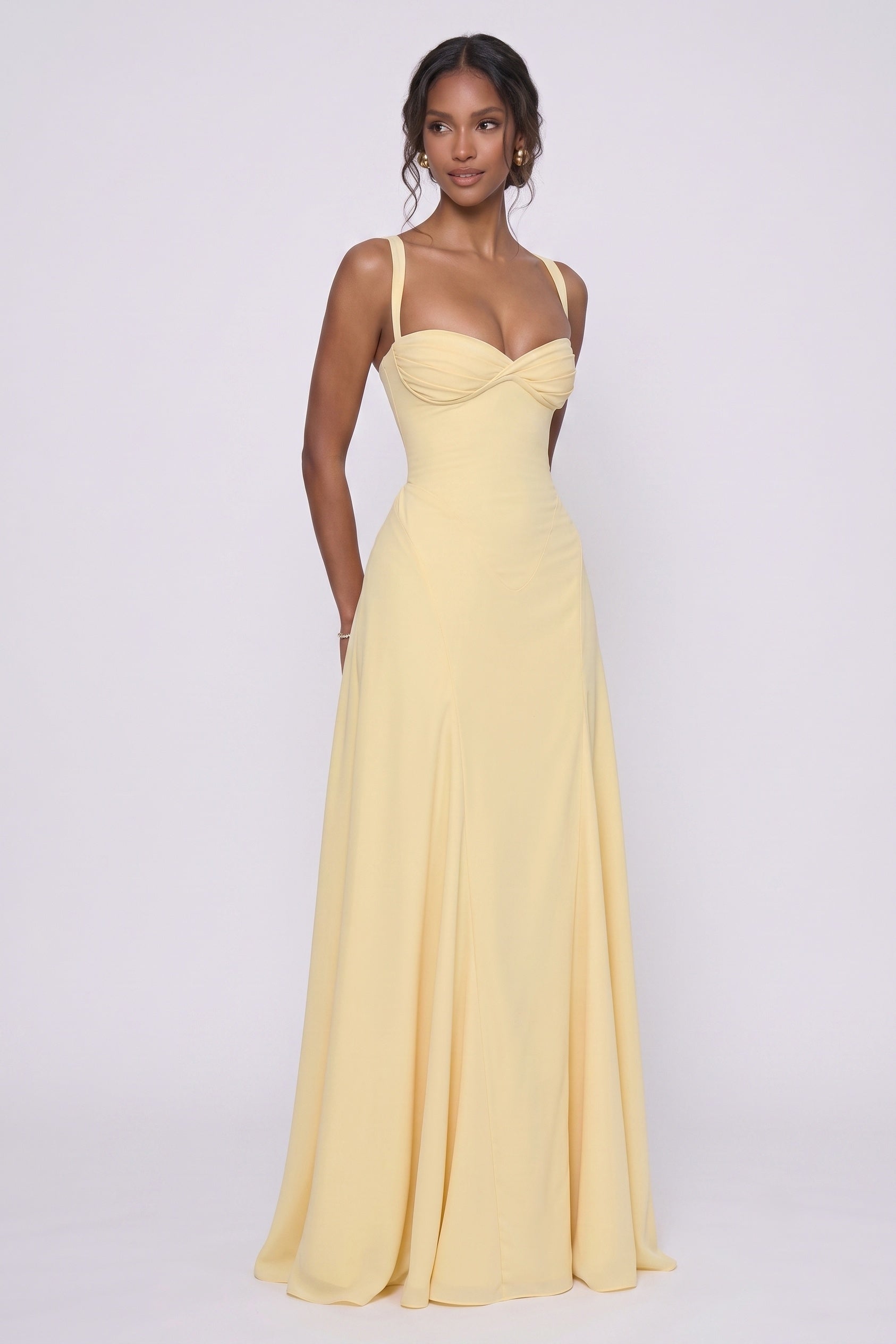 Butter Yellow Wedding Guest Dress Sweetheart Chiffon Maxi A Line Bridesmaid Gown COCOMELODY CG0336
