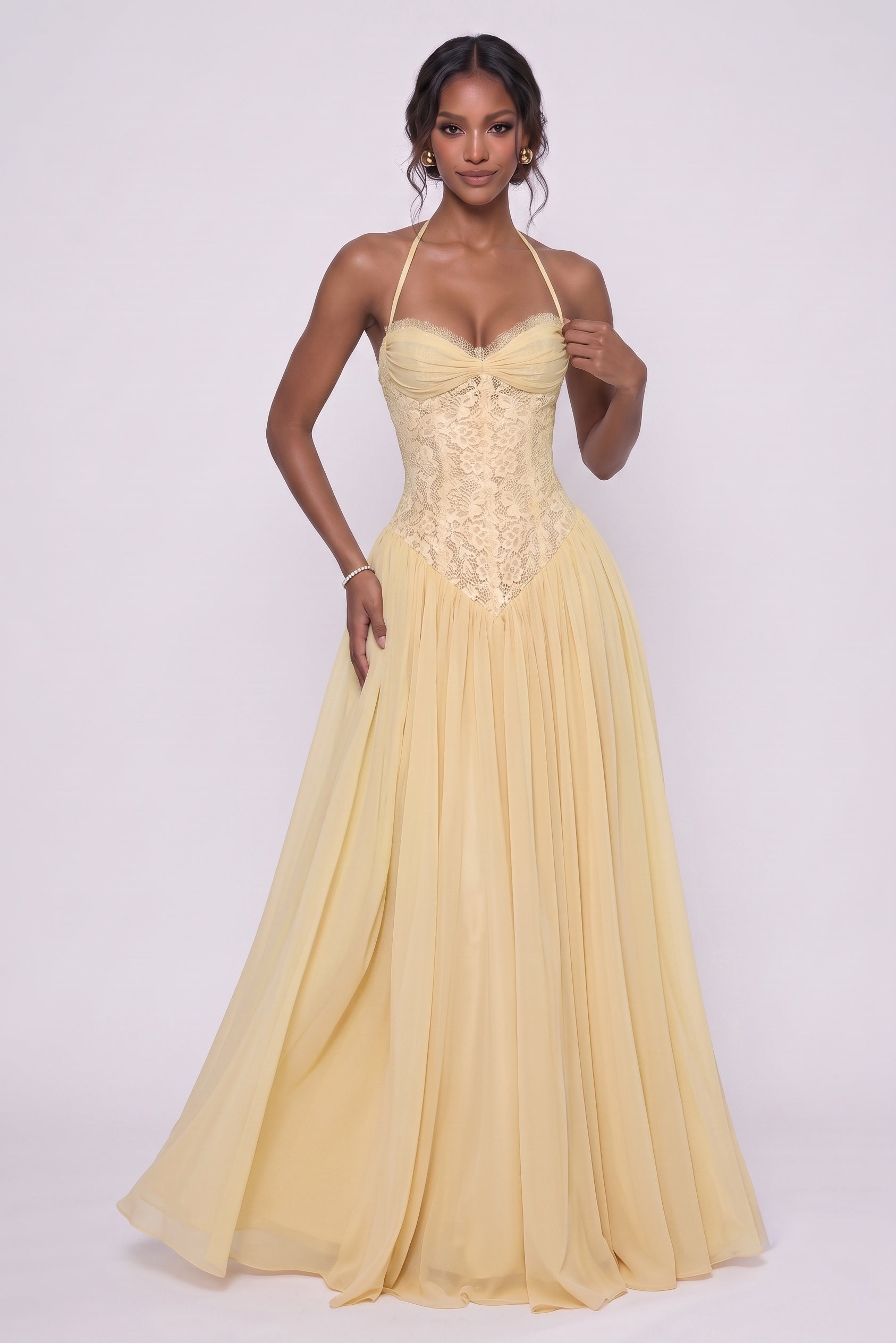 Butter Yellow Wedding Guest Dress Sweetheart Lace Chiffon A-Line Floor-Length Gown COCOMELODY CG0337