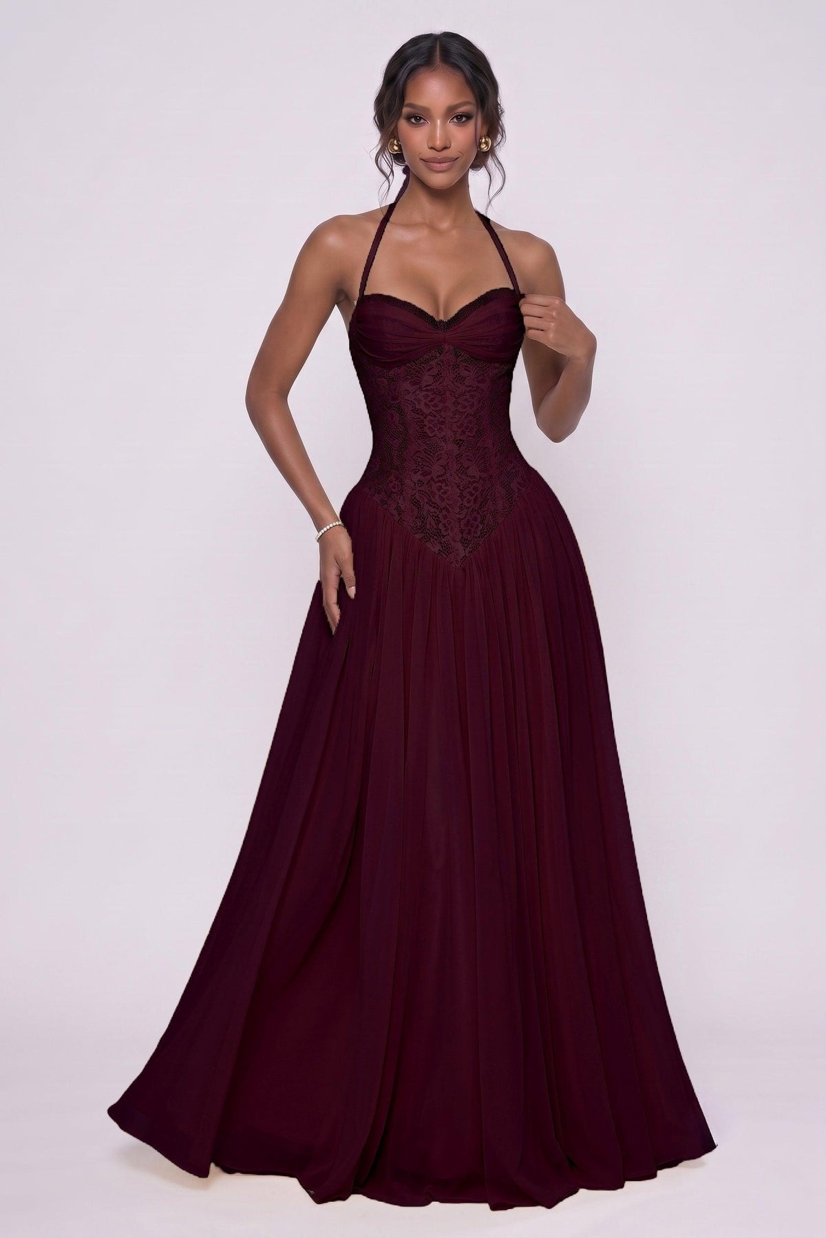 A-Line Floor-length Chiffon Lace Bridesmaid Dress CG0337BM - Wine - COCOMELODY