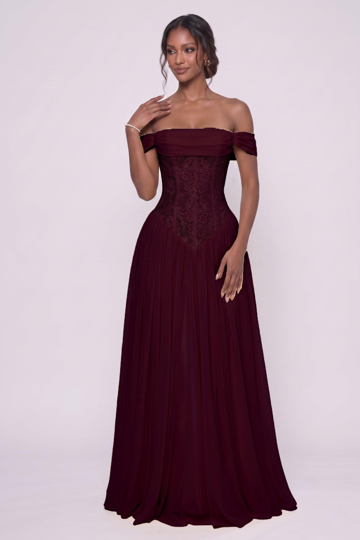 A-Line Floor-length Chiffon Lace Bridesmaid Dress CG0338BM - Wine - COCOMELODY