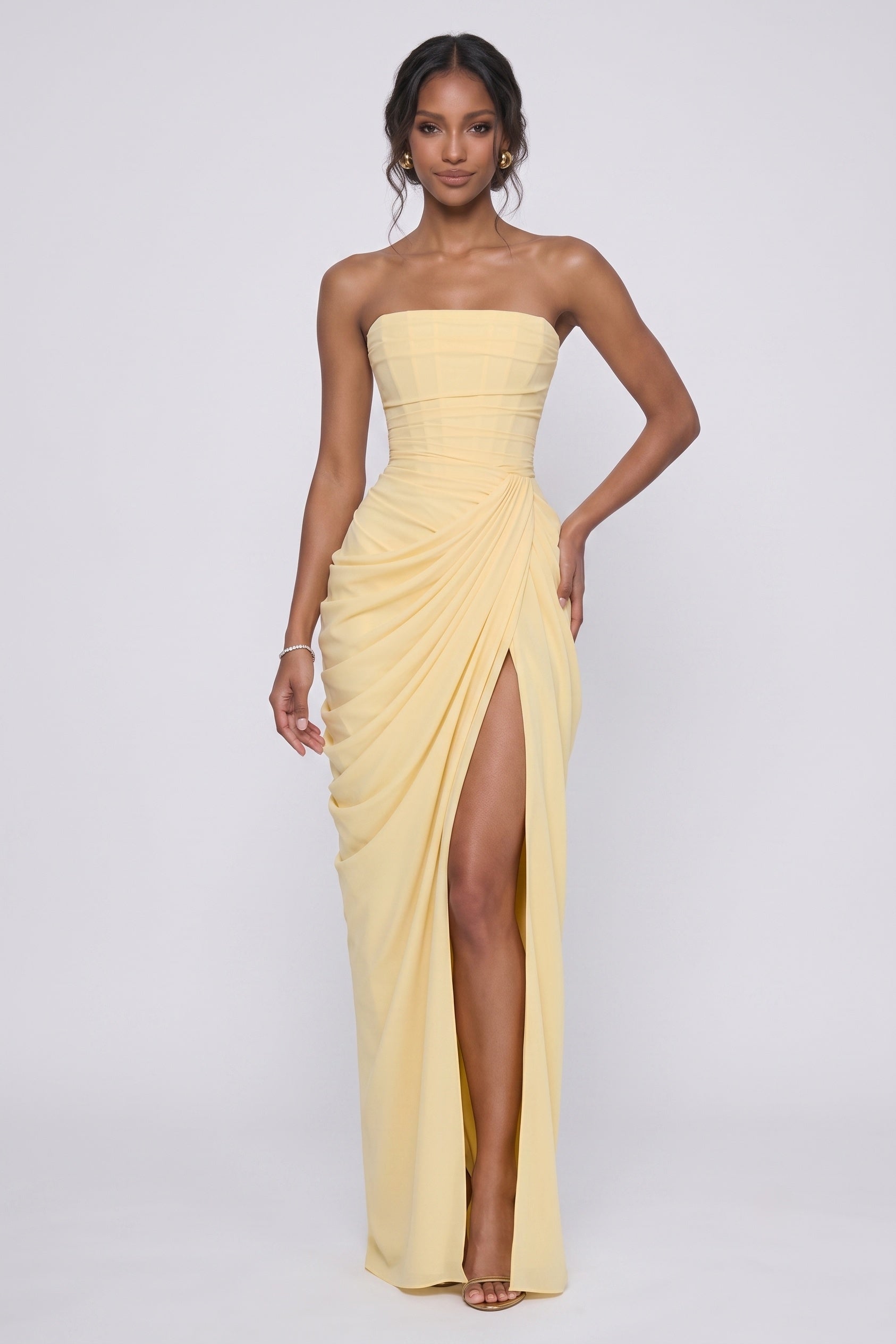Strapless Stretch Chiffon Wedding Guest Dress with Corset Back Pleated Maxi Gown COCOMELODY CG0339