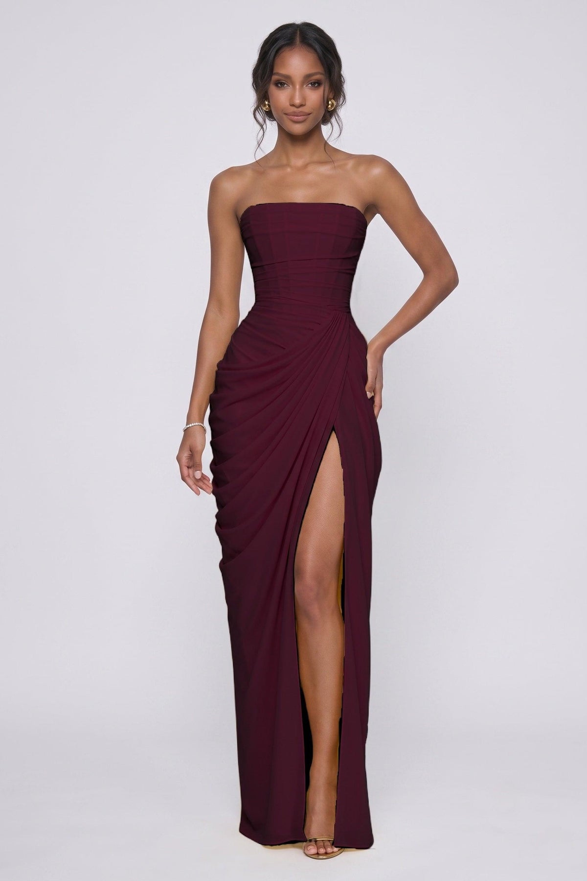 Sheath-Column Maxi Stretch Chiffon Bridesmaid Dress CG0339BM - Wine - COCOMELODY