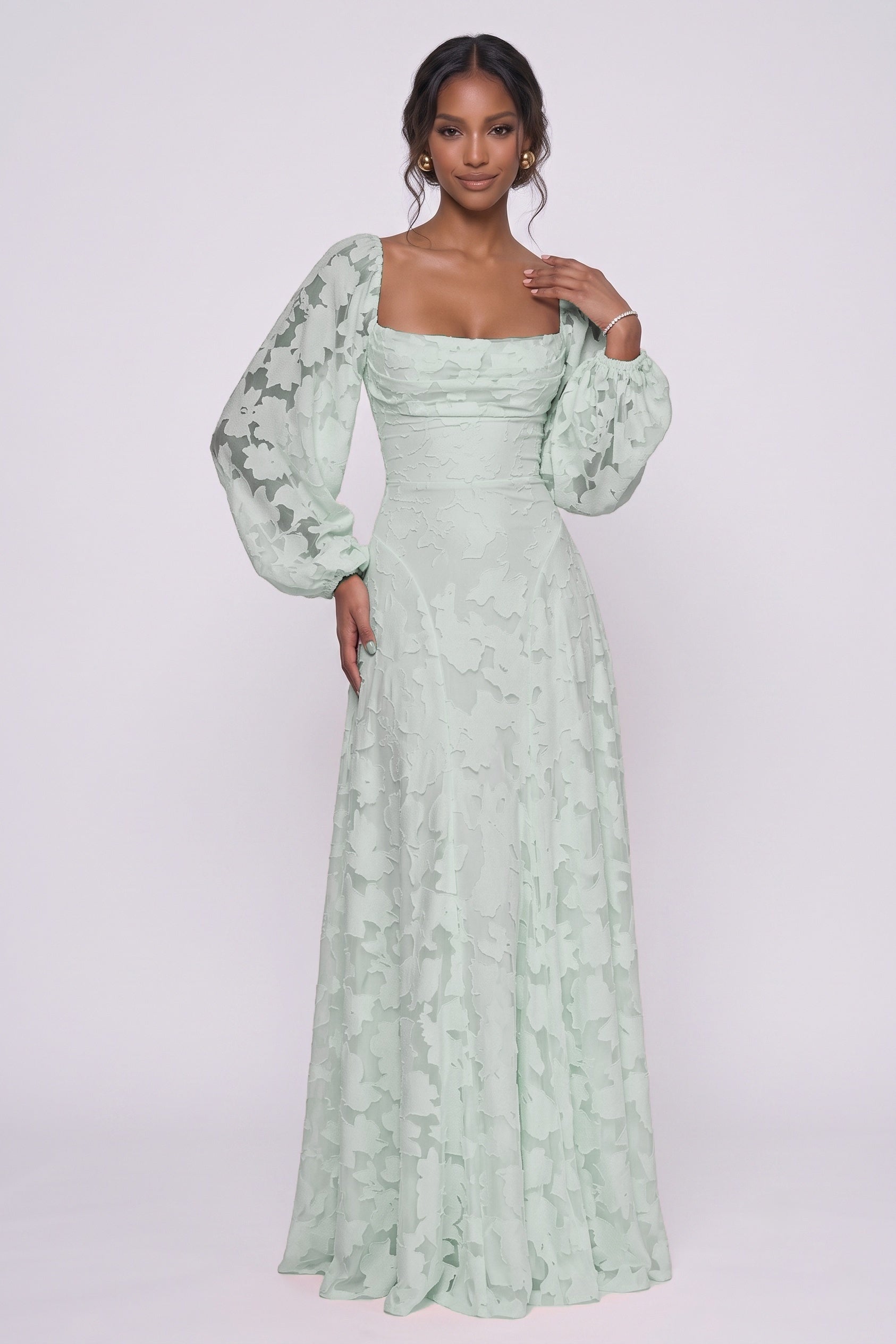 Square Neck Long Sleeve Chiffon Burnout Bridesmaid Dress A-Line Maxi Gown COCOMELODY CG0340BM