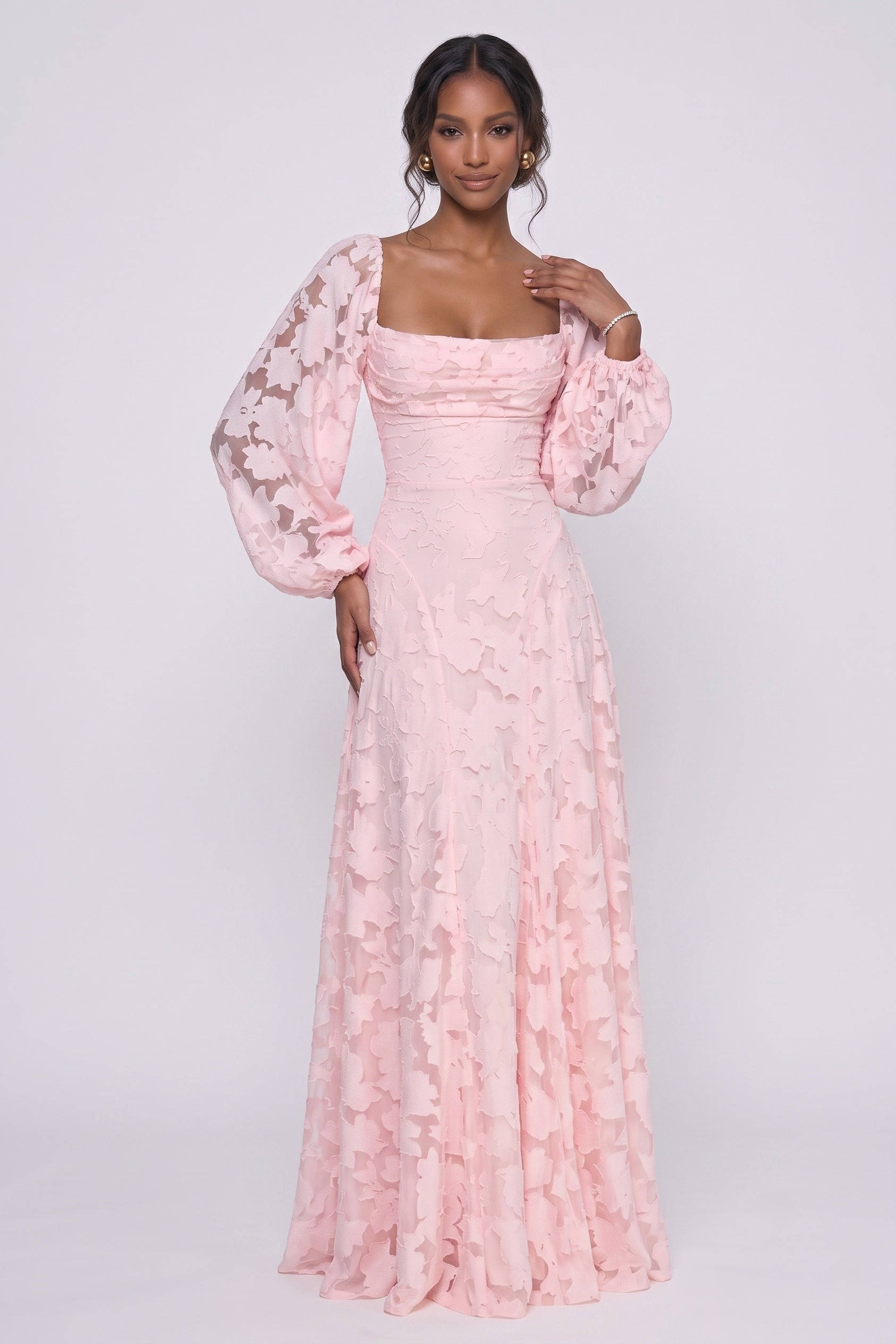 Pink Chiffon Burnout Wedding Guest Dress Square Neck Long Sleeve Maxi Gown COCOMELODY CG0340