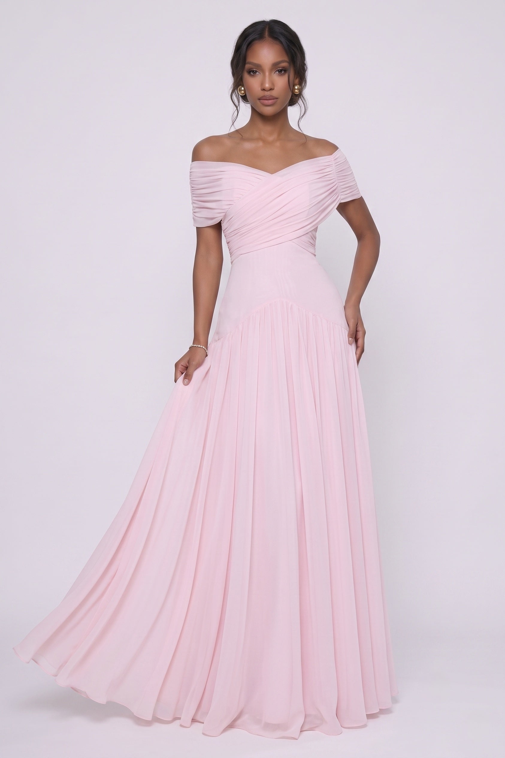 Off The Shoulder Chiffon Wedding Guest Dress Pleated A-Line Maxi Bridesmaid Gown COCOMELODY CG0341, Dusty Blue