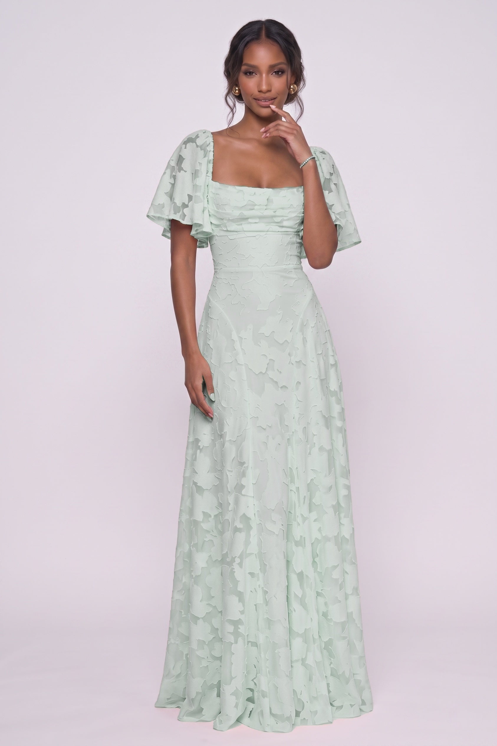 Square Neck Chiffon Burnout Bridesmaid Dress A-Line Floor Length Wedding Gown COCOMELODY CG0342BM