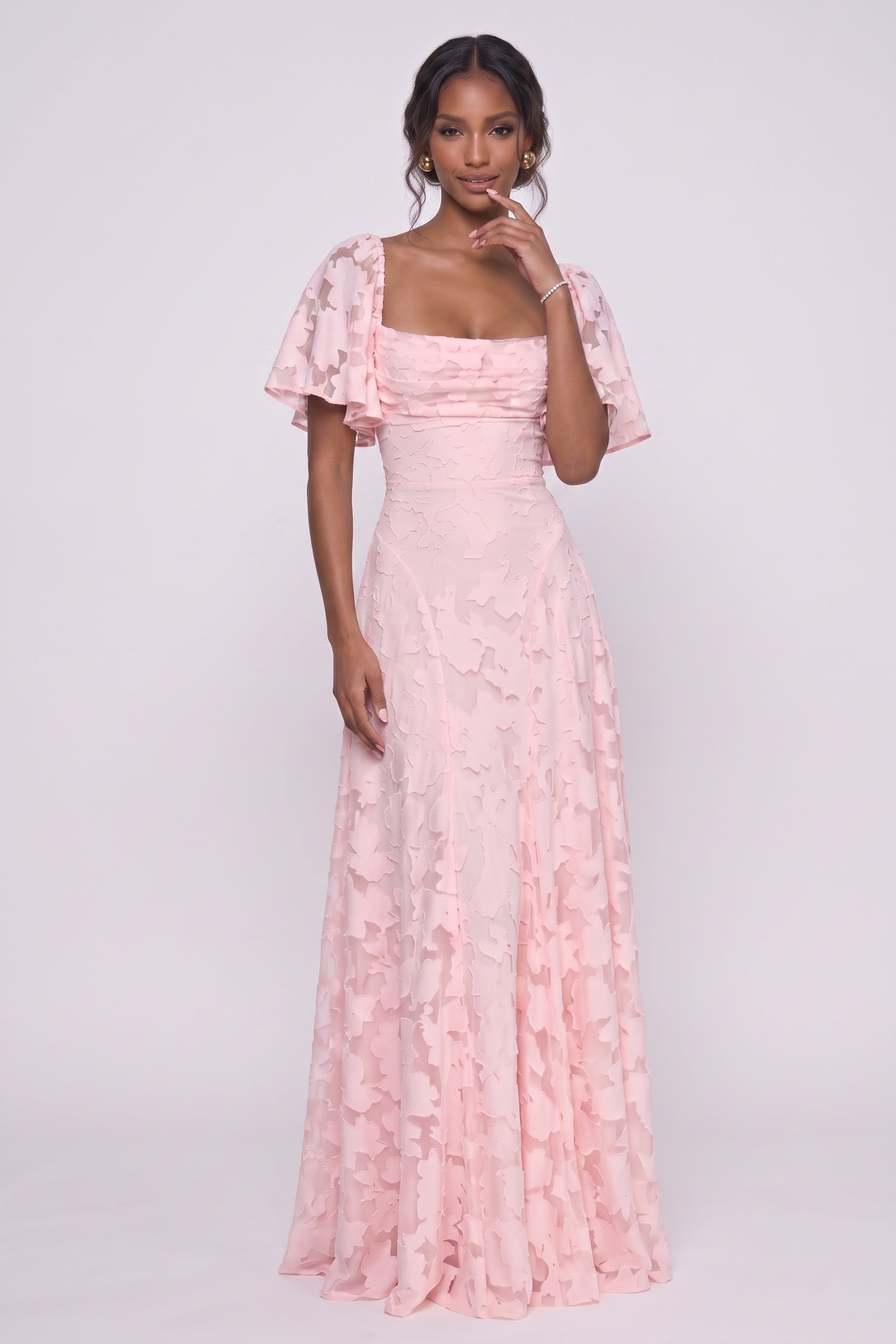 Square Neck Chiffon Burnout Wedding Guest Dress Short Sleeve A-Line Maxi Gown COCOMELODY CG0342
