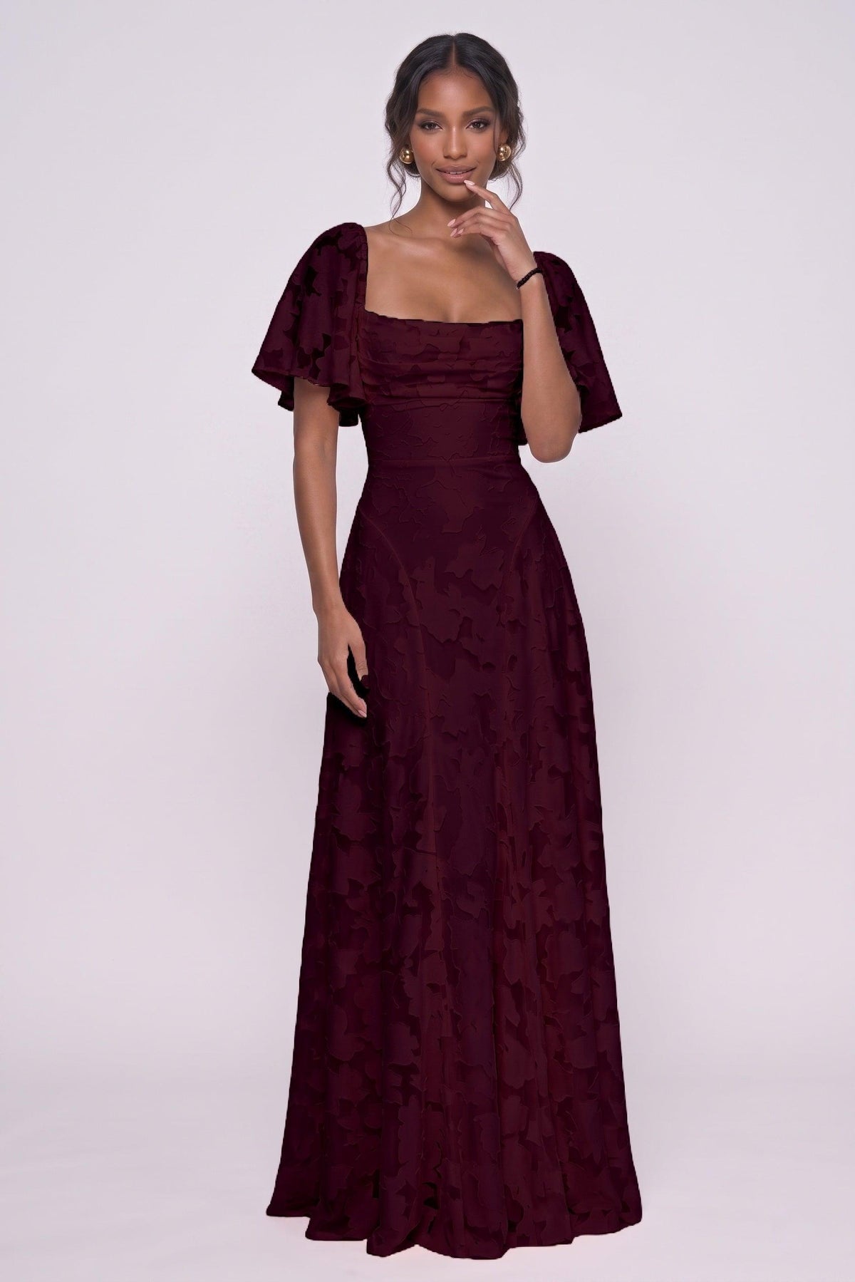 A-Line Maxi Chiffon Burnout Bridesmaid Dress CG0342BM - Wine - COCOMELODY