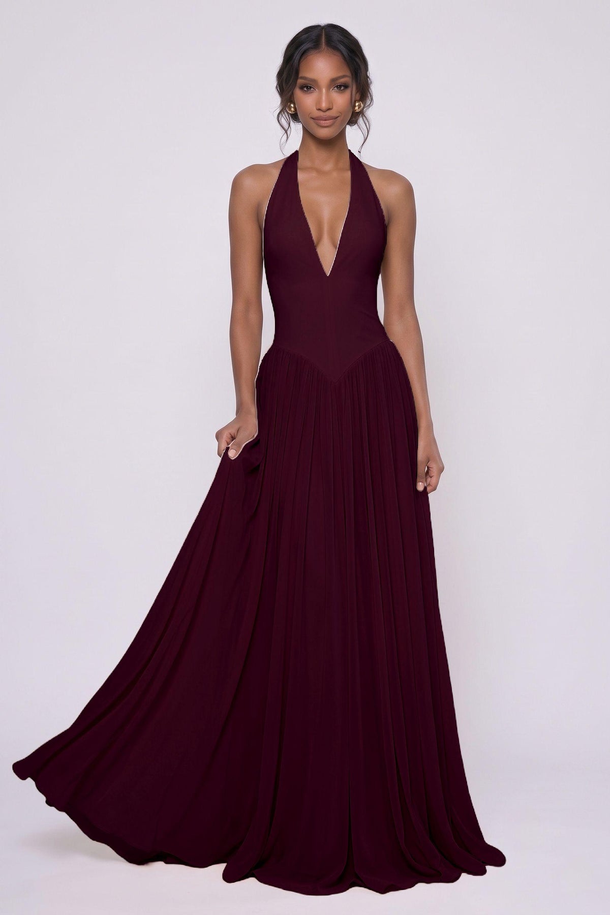 A-Line Floor-length Elastic Cloth Chiffon Bridesmaid Dress CG0344BM - Wine - COCOMELODY