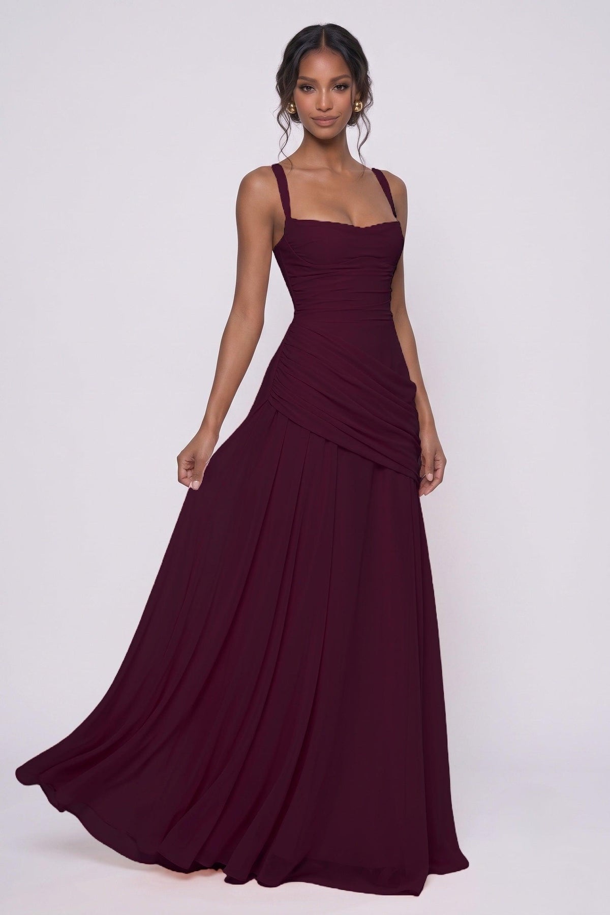 Sheath-Column Maxi Chiffon Bridesmaid Dress CG0346BM - Wine - COCOMELODY