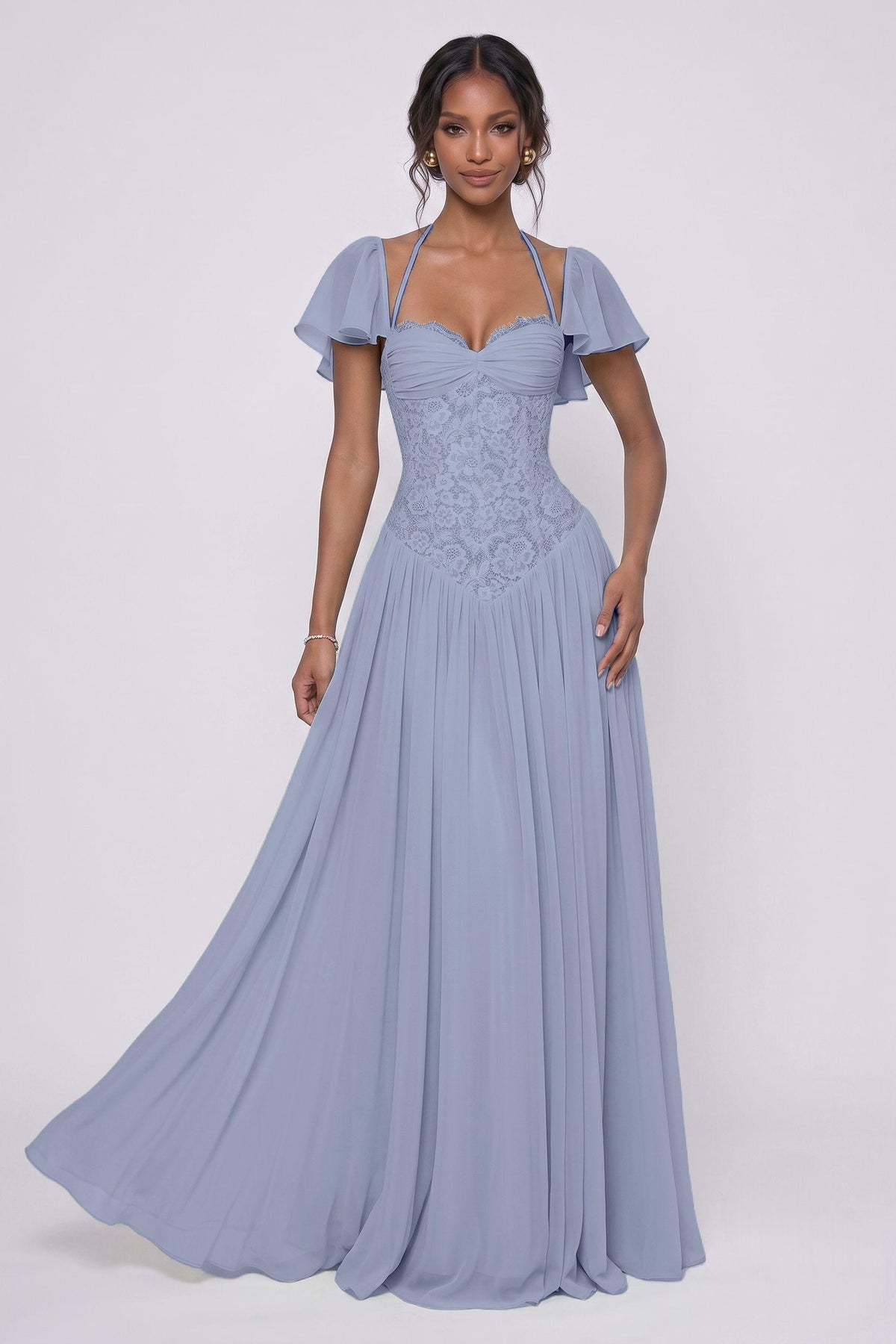 A-Line Floor-length Chiffon Lace Bridesmaid Dress CG0347BM - Dusty Blue - COCOMELODY