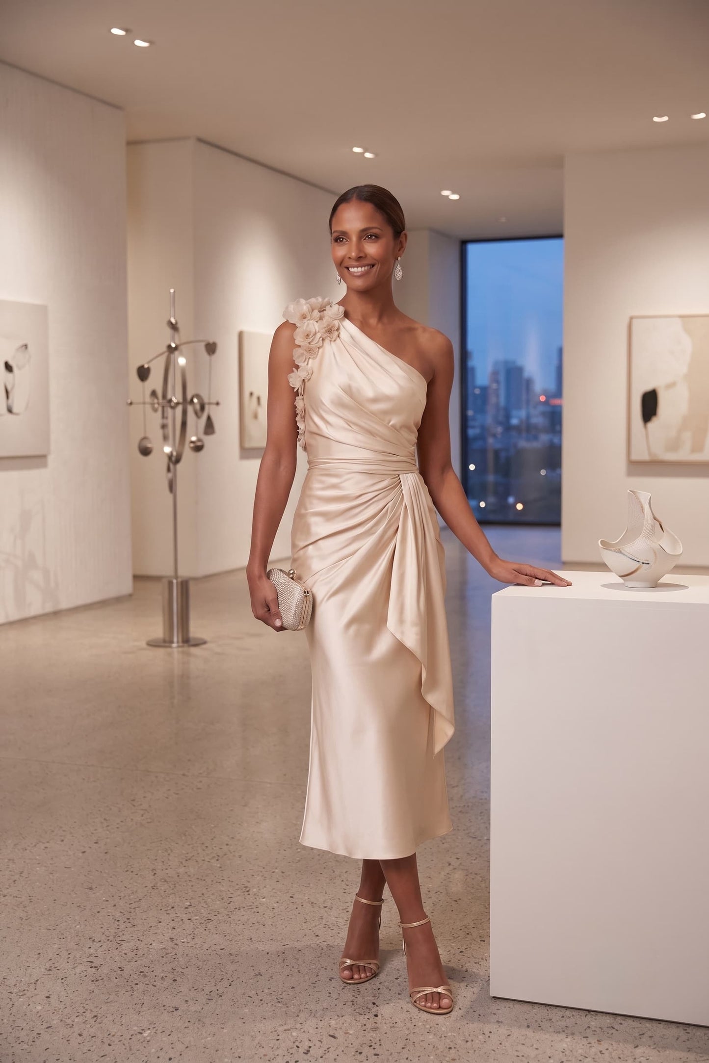 Sheath-Column Tea Length Stretch Satin Wedding Guest Dress CG0349