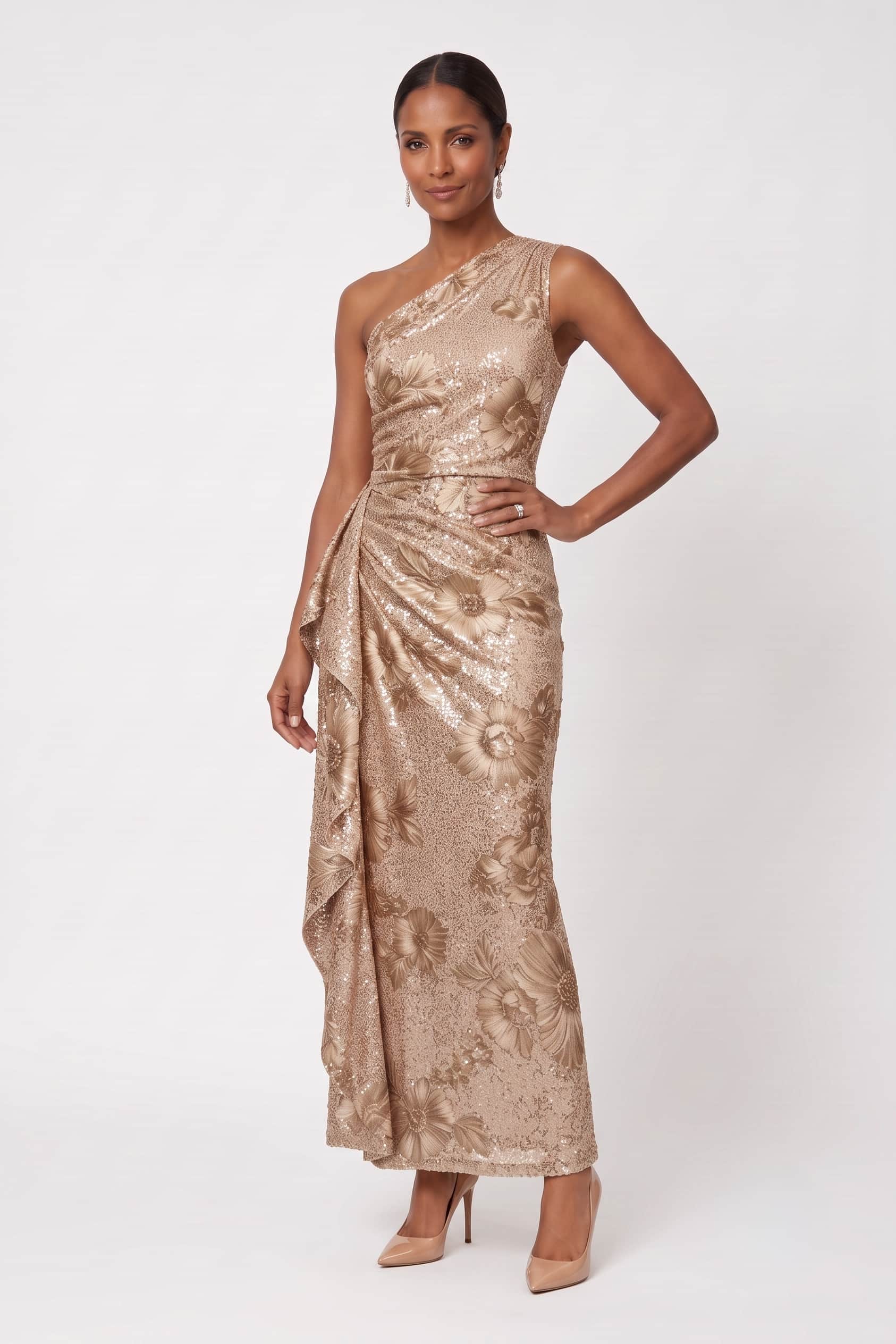One Shoulder Sequin Lace Wedding Guest Dress Ankle Length Formal Evening Dress COCOMELODY CG0351