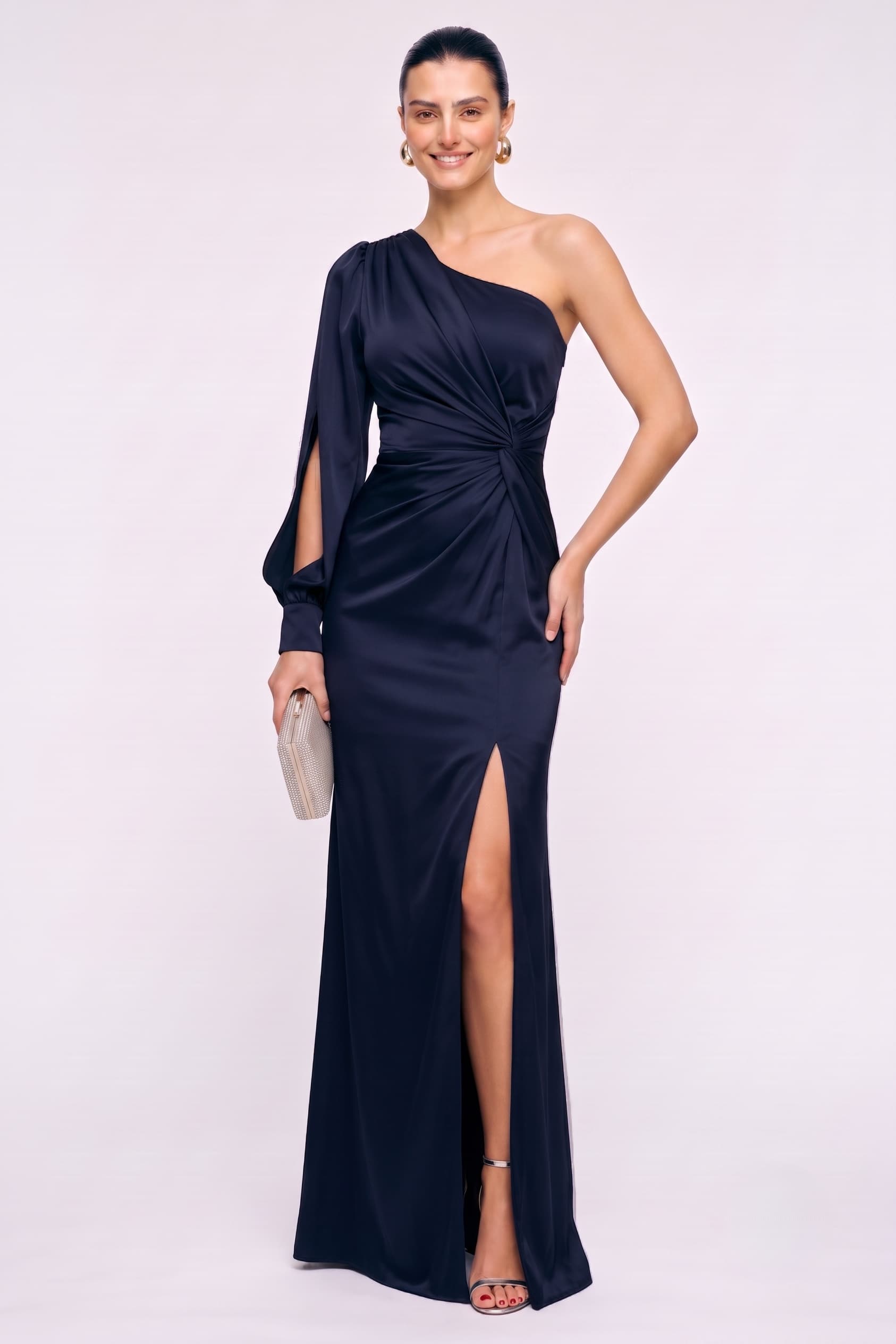 Asymmetrical Long Sleeve Stretch Satin Wedding Guest Dress with Pleated Detail COCOMELODY CG0352