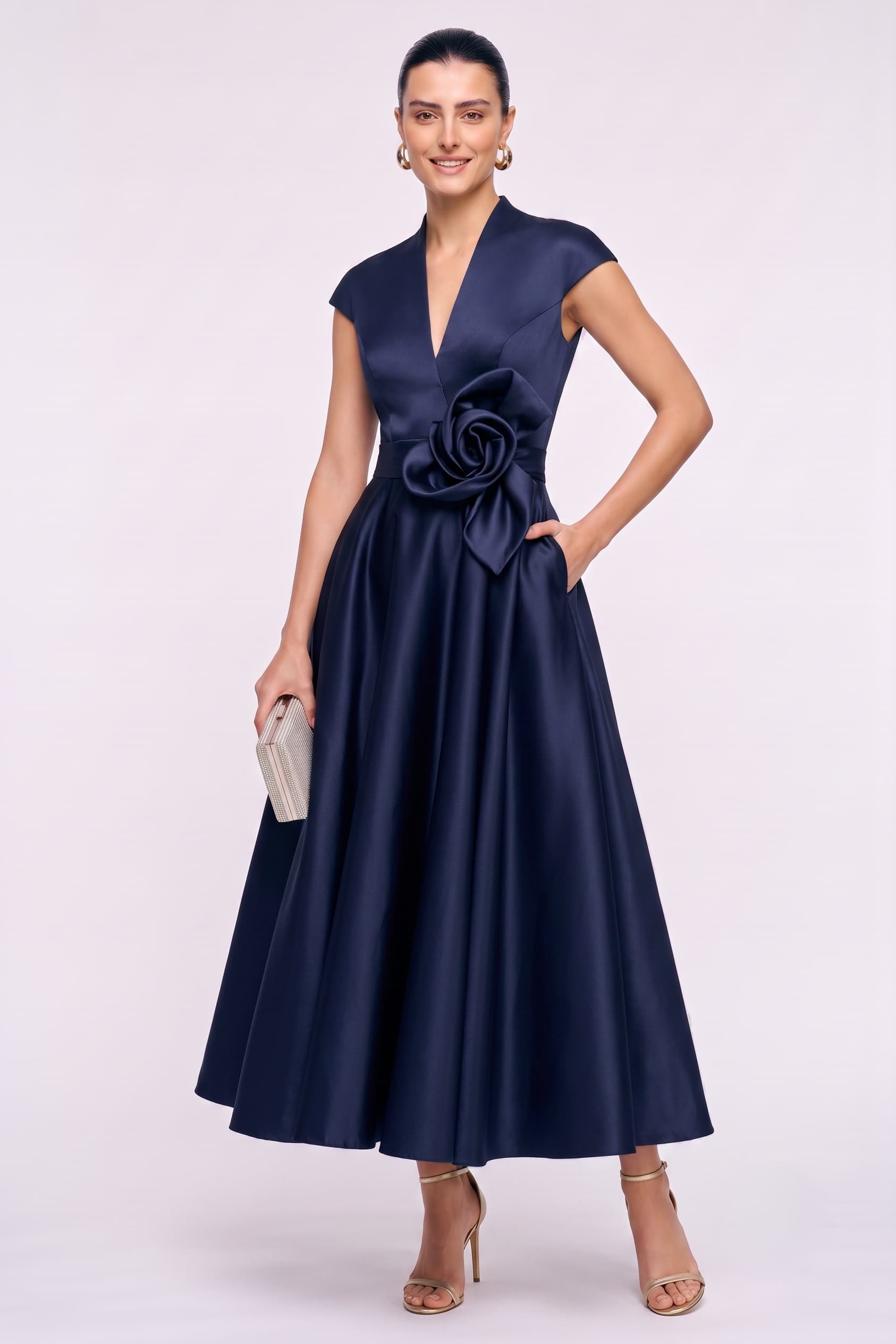 Satin A-Line V-Neck Ankle Length Wedding Guest Dress with Flower Detail COCOMELODY CG0353, Dark Navy