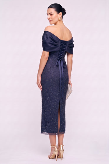 Sheath-Column Tea Length Satin Lace Wedding Guest Dress CG0354