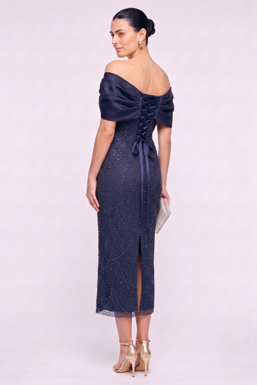 Sheath-Column Tea Length Satin Lace Wedding Guest Dress CG0354 - Dark Navy - COCOMELODY