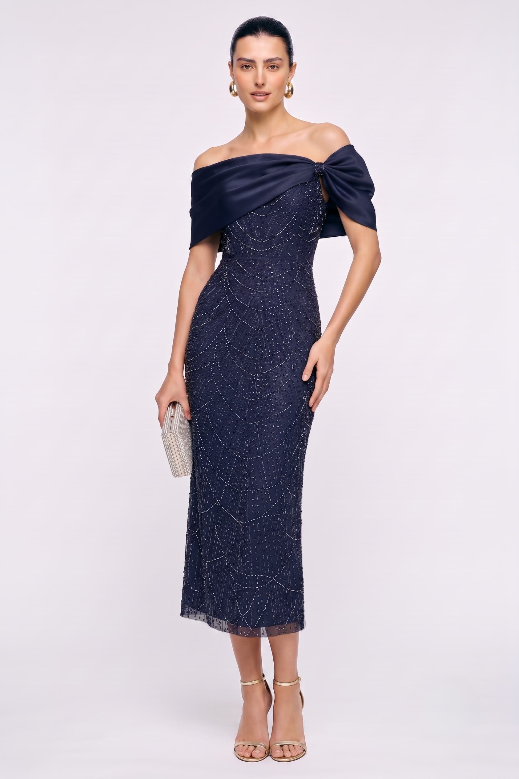 Beaded Satin Lace Tea-Length Sheath Wedding Guest Dress Off-the-Shoulder Neckline COCOMELODY CG0354