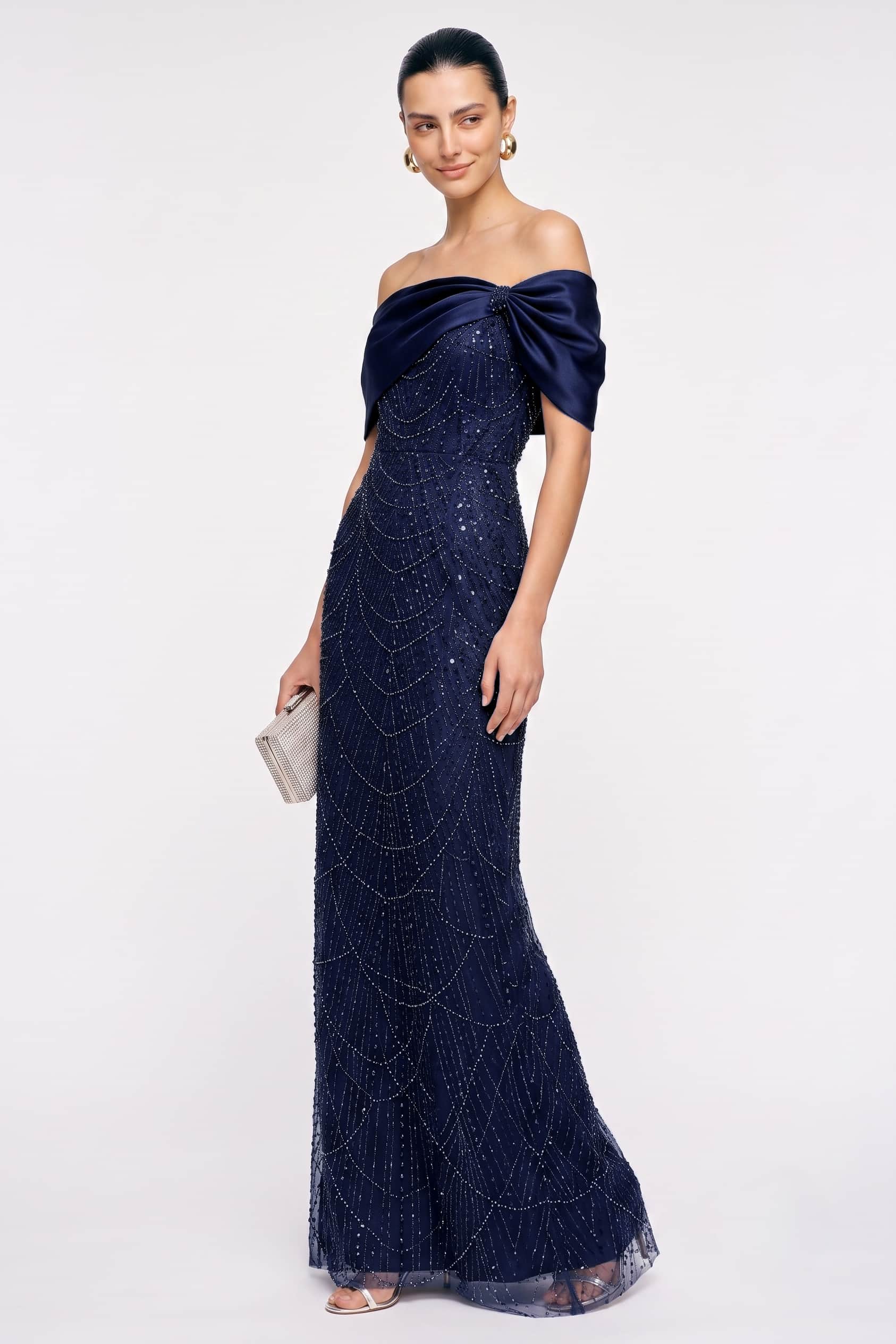 Beaded Satin Lace Floor Length Formal Wedding Guest Dress with Off Shoulder Design COCOMELODY CG0355