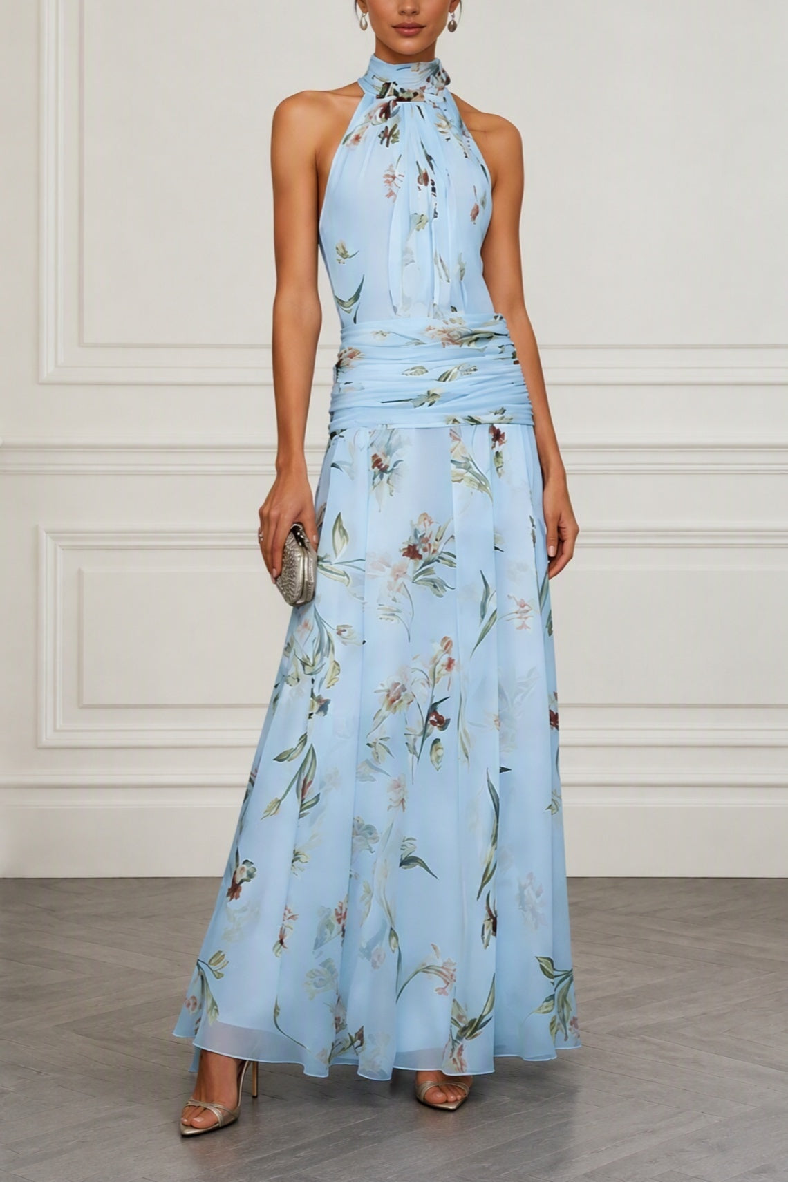 Printed Chiffon Halter A-Line Maxi Wedding Guest Dress with Ruched Detail COCOMELODY CG0357