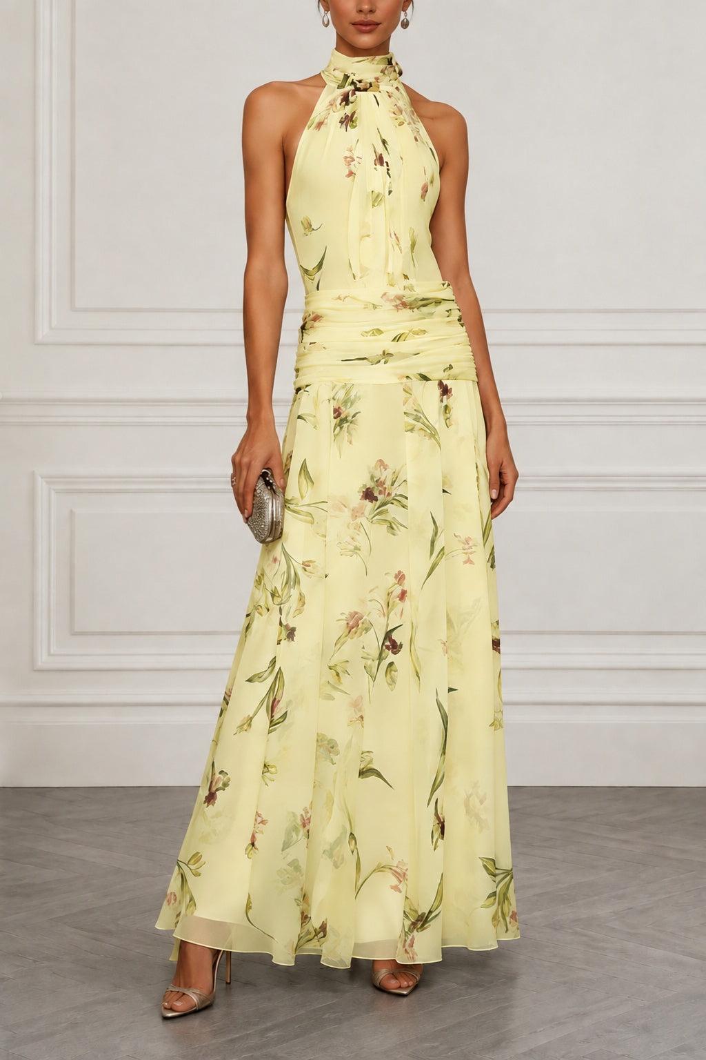 A-Line Maxi Printed Chiffon Wedding Guest Dress CG0357 - Yellow - COCOMELODY