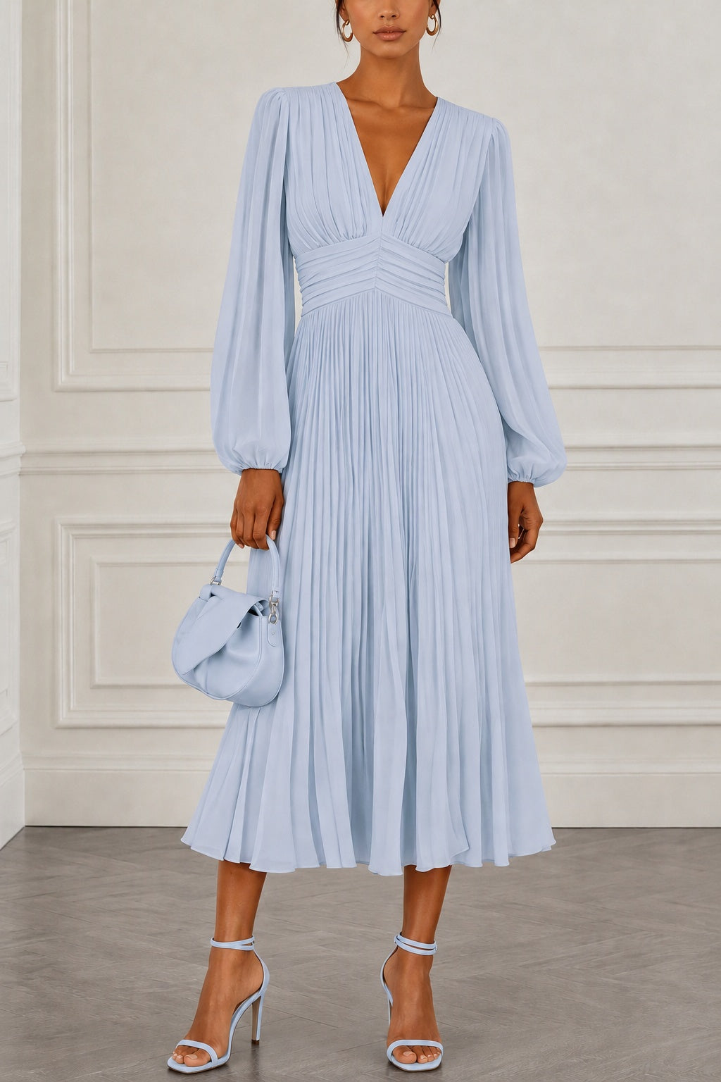 Chiffon V-Neck Long Sleeve Pleated A-Line Tea Length Wedding Guest Dress COCOMELODY CG0359