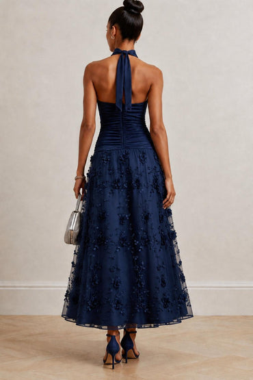 A-Line Ankle Length Stretch Satin Lace Wedding Guest Dress CG0360 - Dark Navy - COCOMELODY